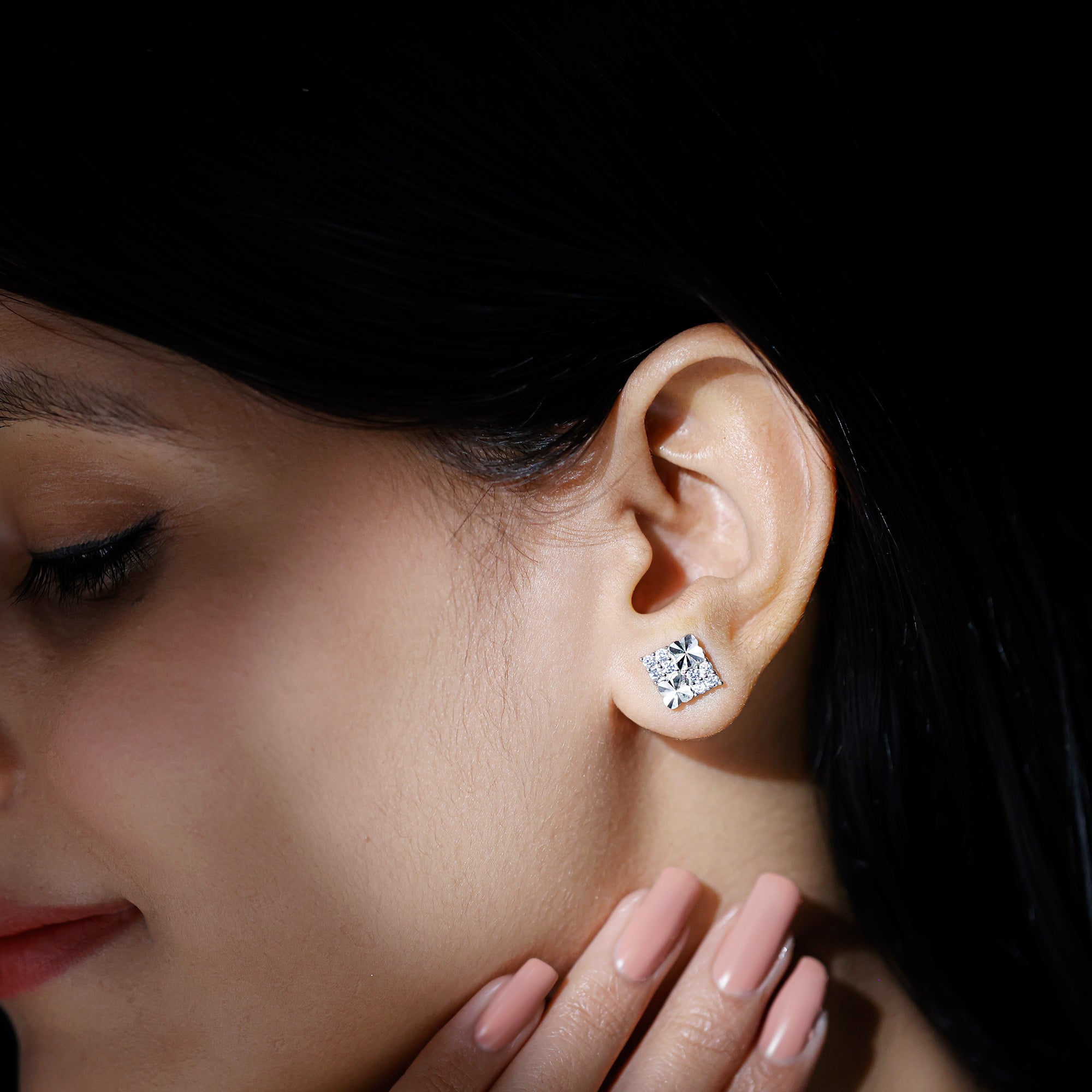 Cubic Zirconia Stud Earrings - Square Silver Studs with Pave Setting, 14k White Gold