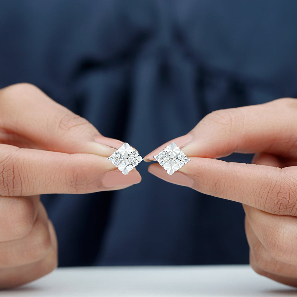 Cubic Zirconia Stud Earrings - Square Silver Studs with Pave Setting, 14k White Gold
