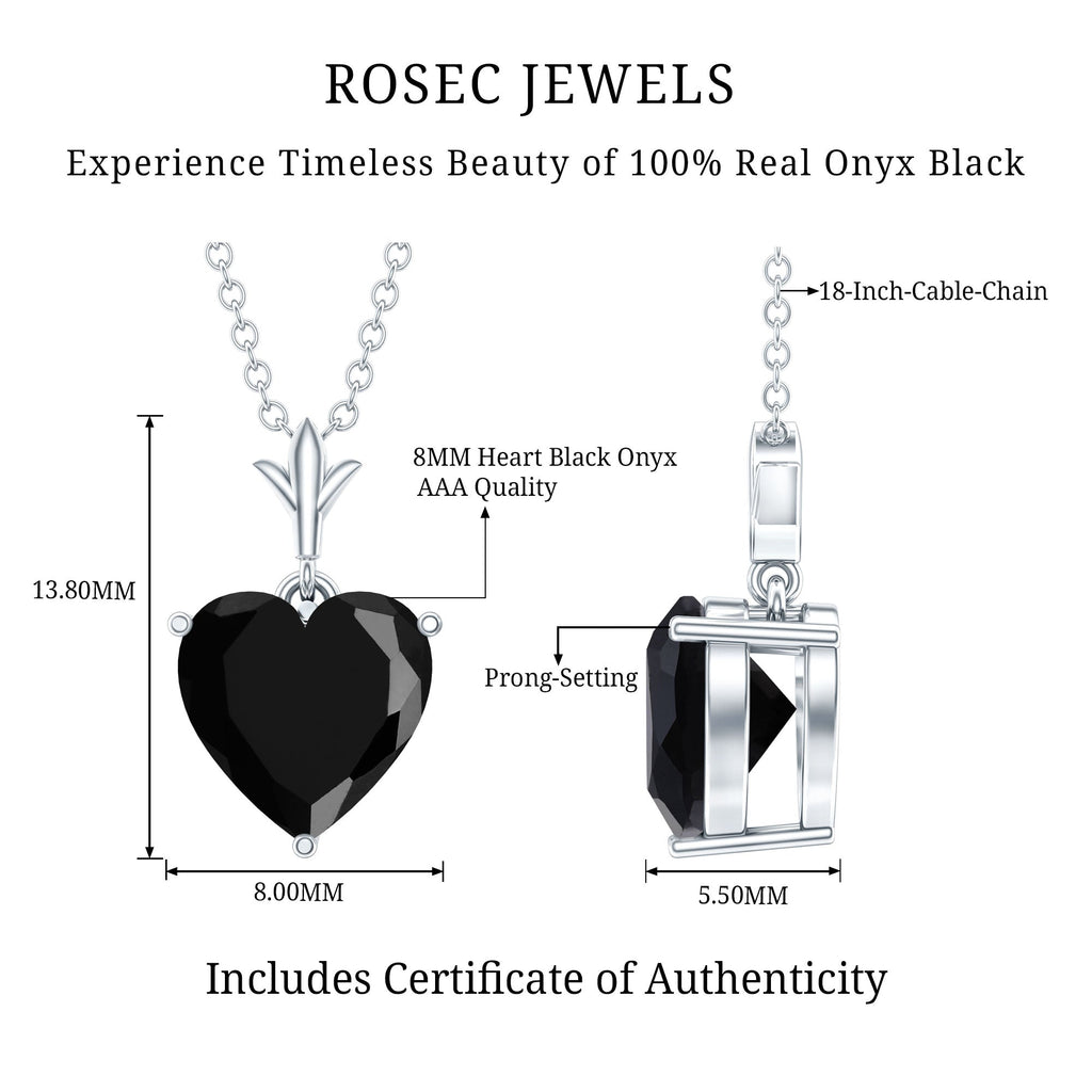 Black Onyx Pendant – 2 Carat Heart Shape Solitaire Necklace With Prong Setting