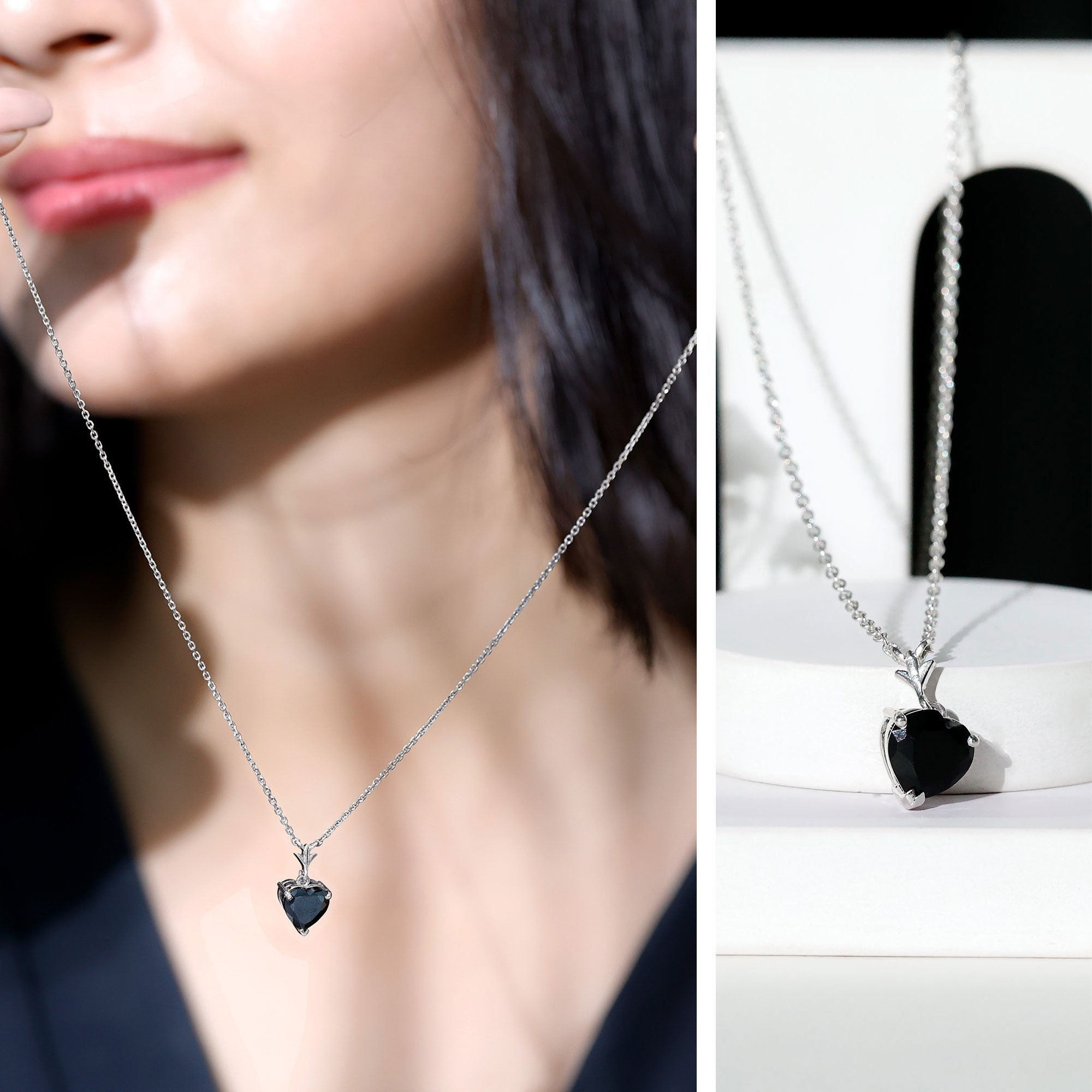 Black Onyx Pendant – 2 Carat Heart Shape Solitaire Necklace With Prong Setting