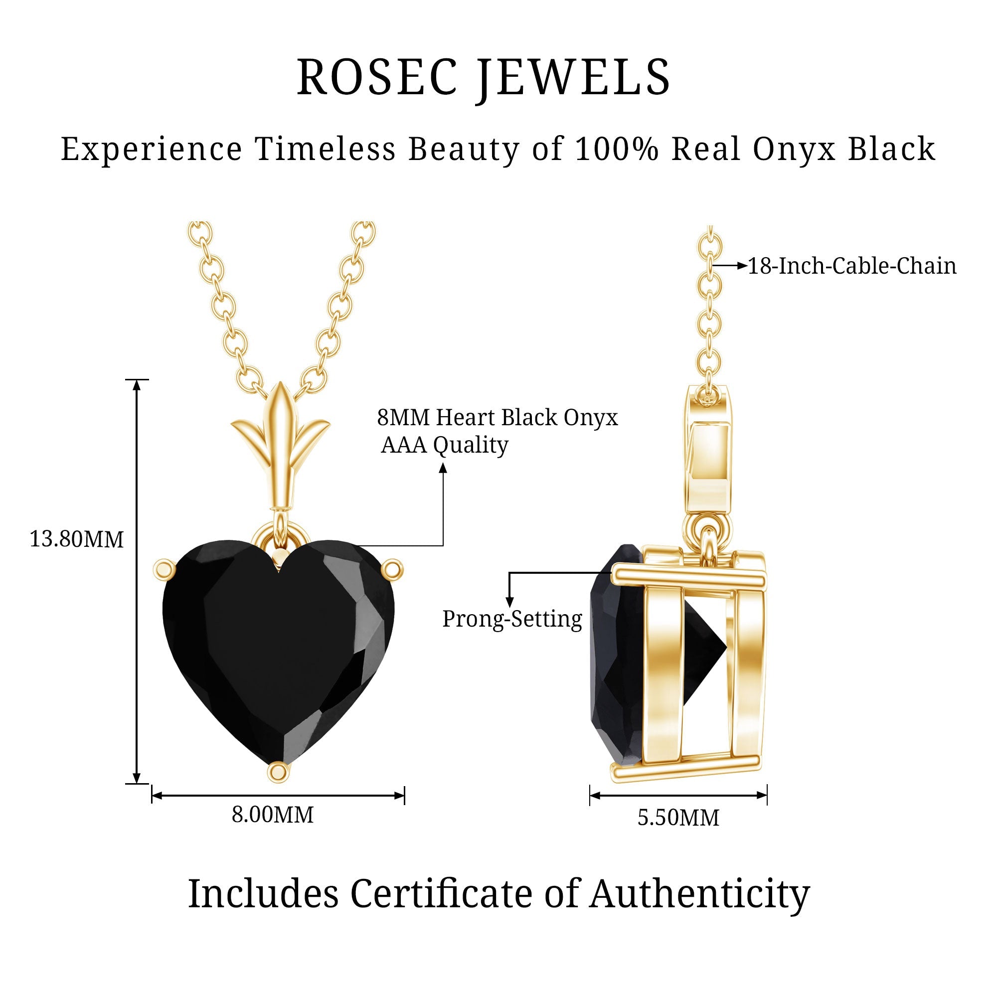 Black Onyx Pendant – 2 Carat Heart Shape Solitaire Necklace With Prong Setting