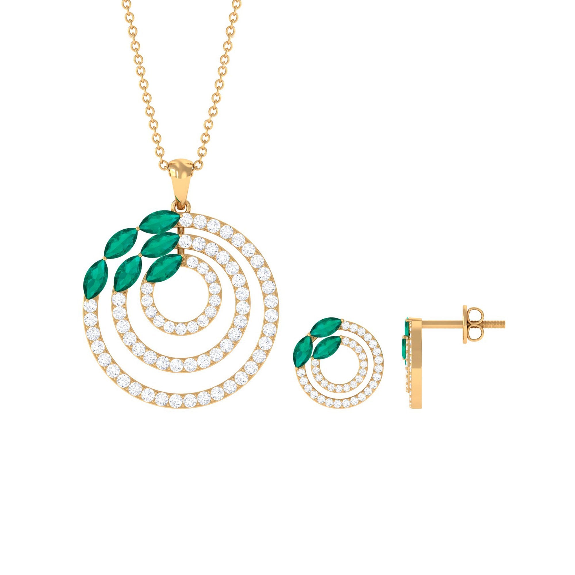 Emerald Bridal Necklace Featuring Marquise Cut Emerald and Moissanite Earrings Set