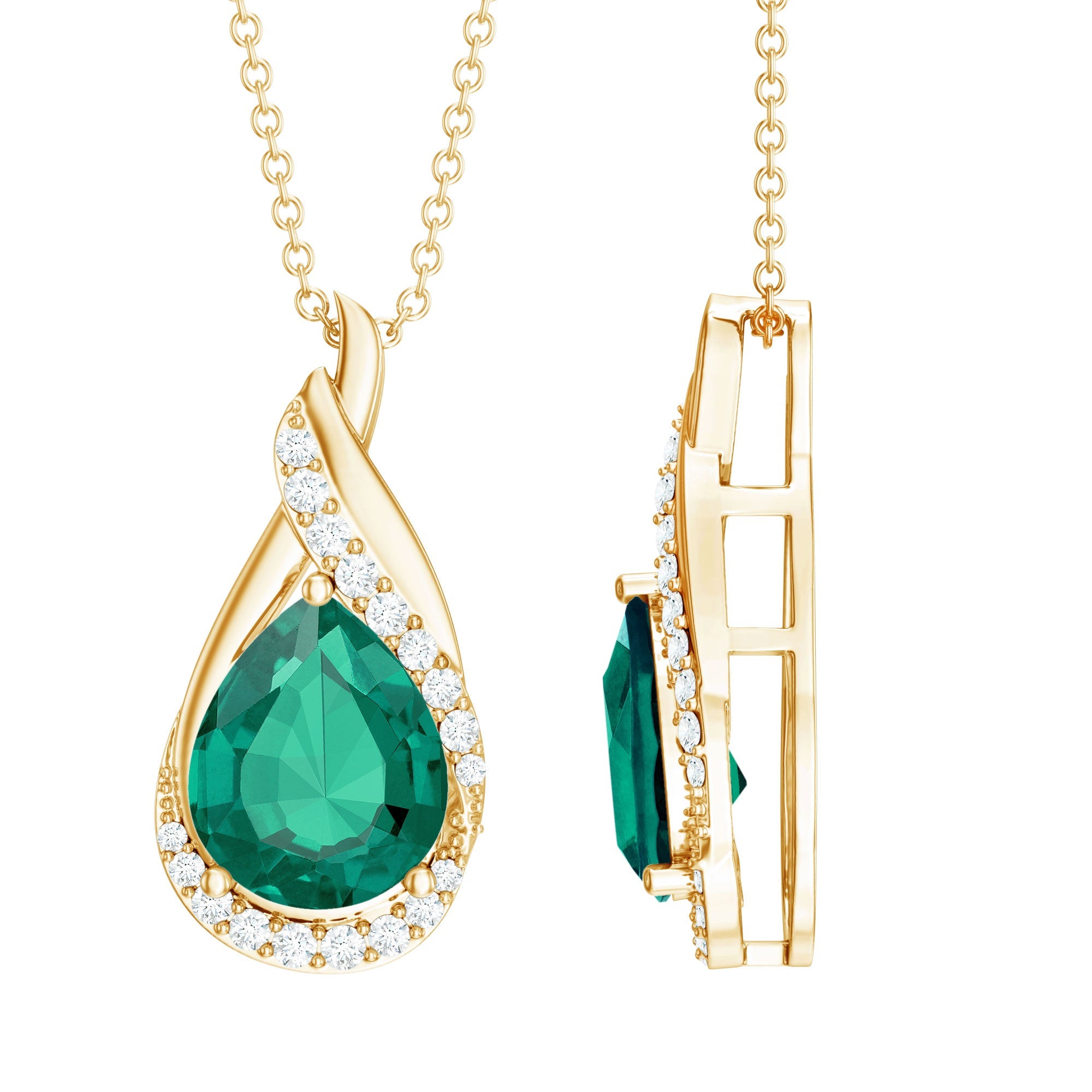 Lab Grown Emerald Necklace – Vintage Inspired Pear Shaped Pendant with Diamonds