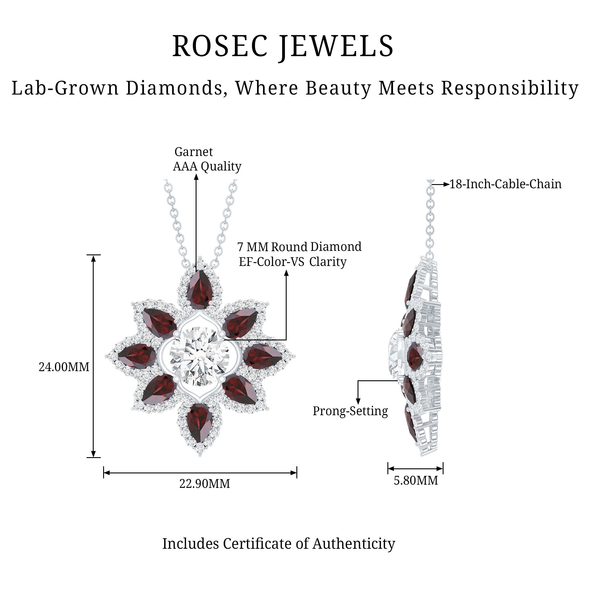 Lab Grown Diamond Pendant – Certified Flower Necklace With Red Garnet Petals
