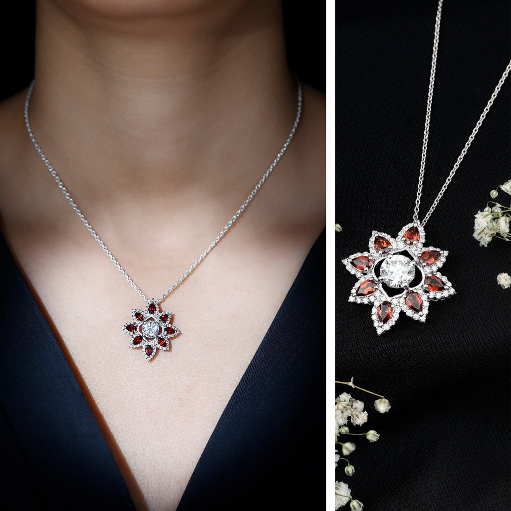 Lab Grown Diamond Pendant – Certified Flower Necklace With Red Garnet Petals