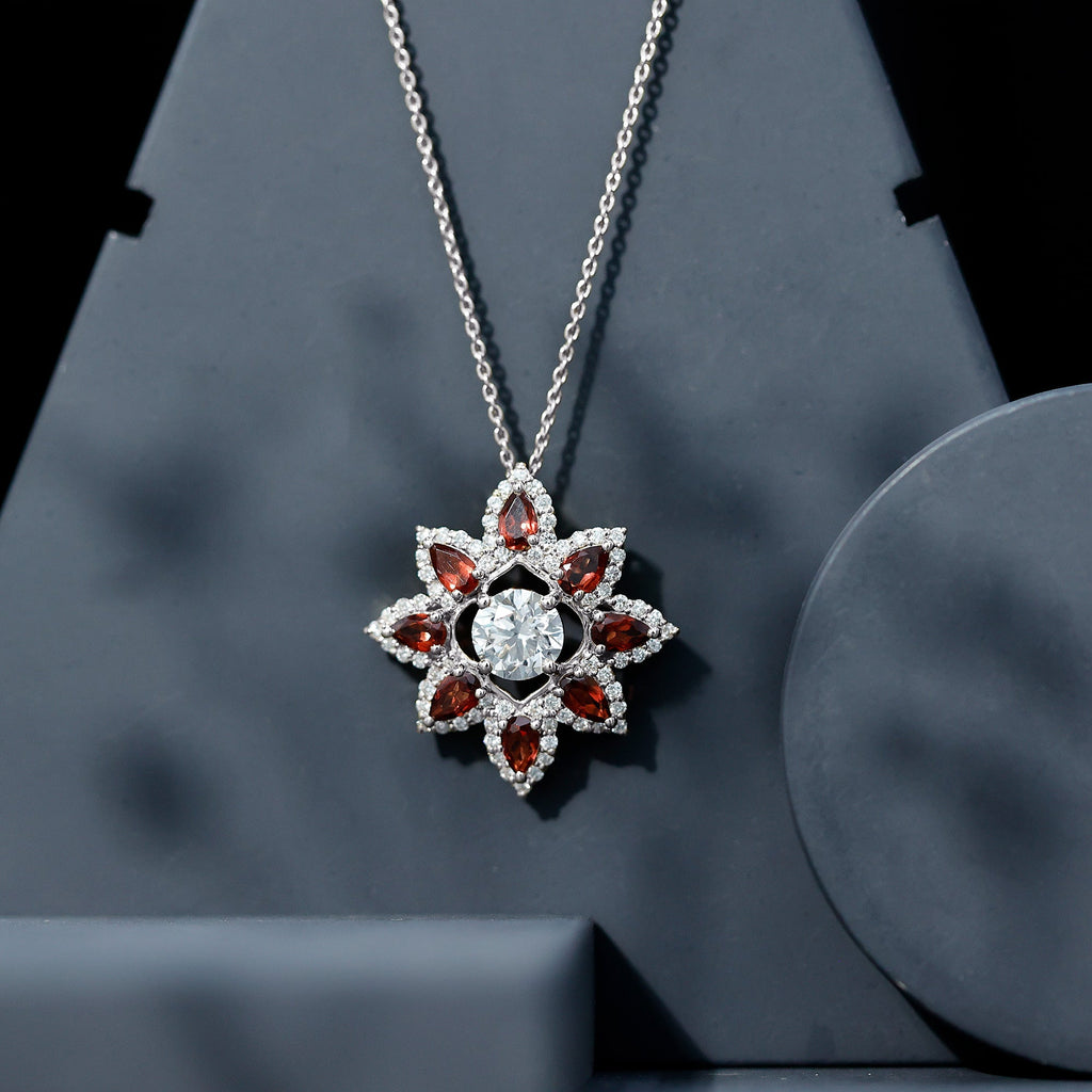 Lab Grown Diamond Pendant – Certified Flower Necklace With Red Garnet Petals