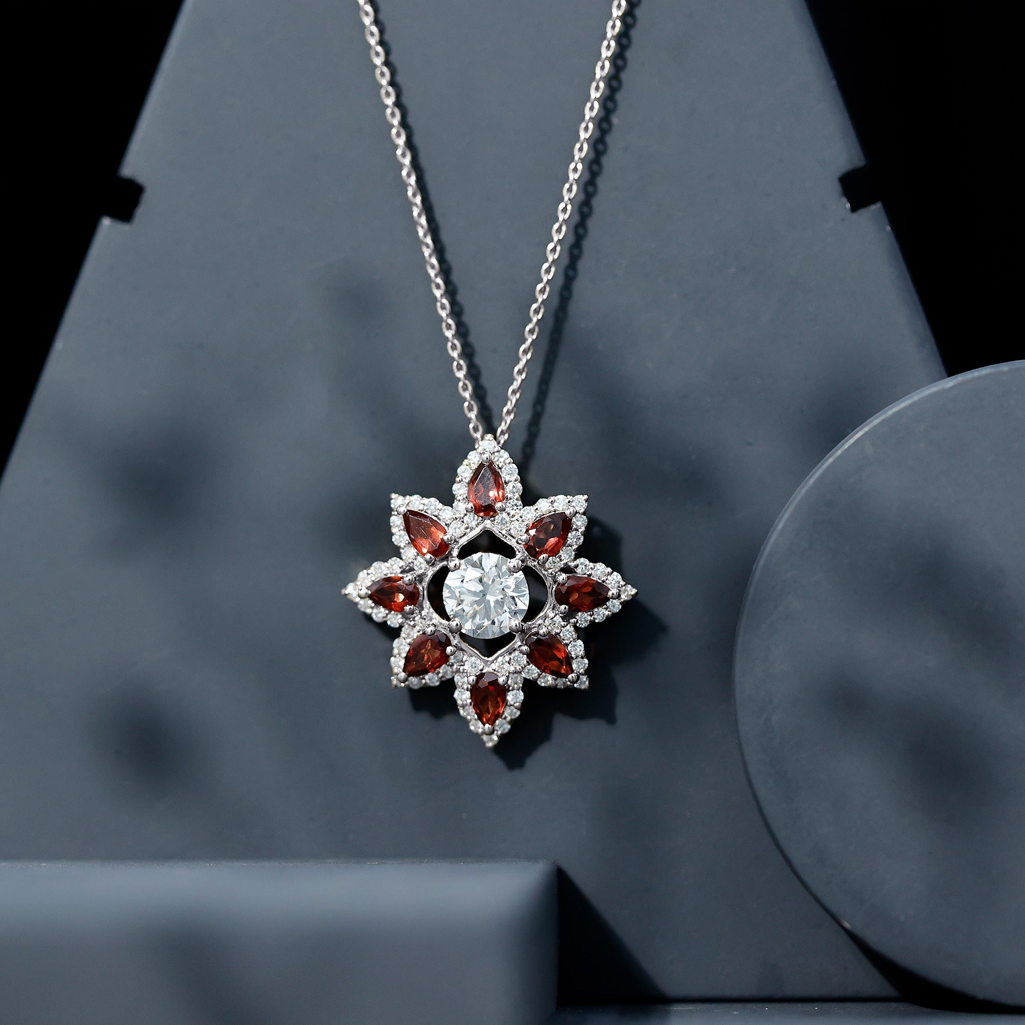 Lab Grown Diamond Pendant – Certified Flower Necklace With Red Garnet Petals