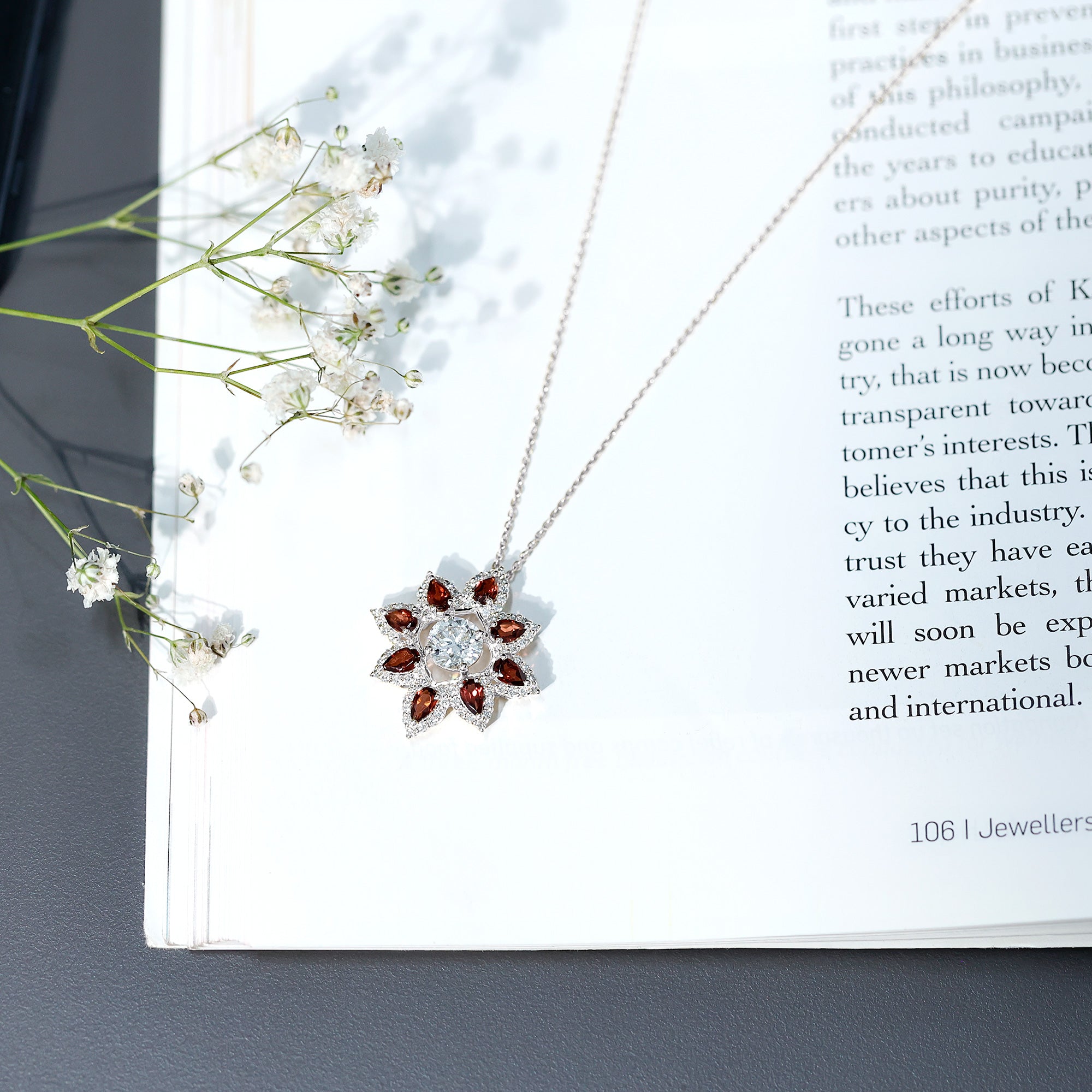 Lab Grown Diamond Pendant – Certified Flower Necklace With Red Garnet Petals