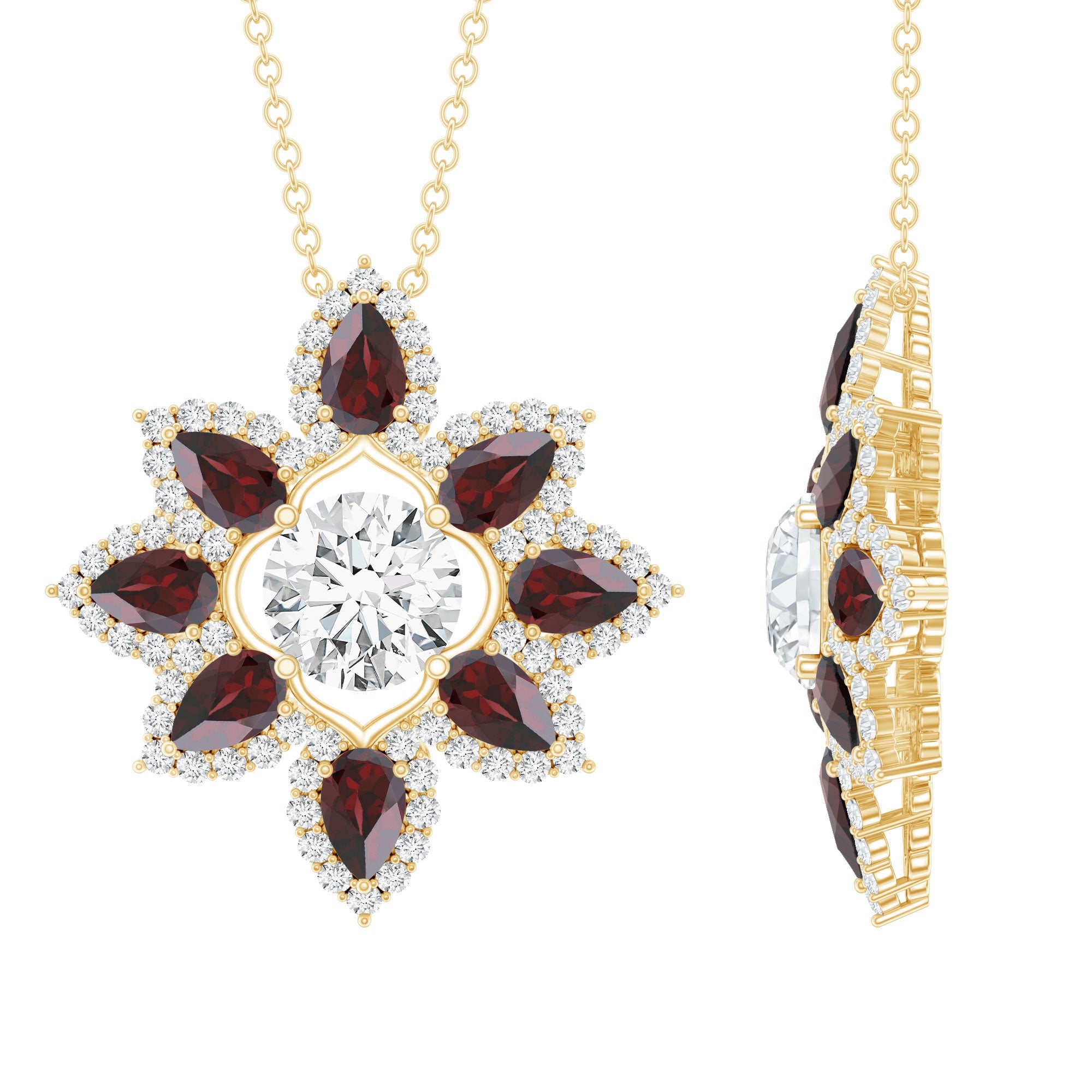 Lab Grown Diamond Pendant – Certified Flower Necklace With Red Garnet Petals