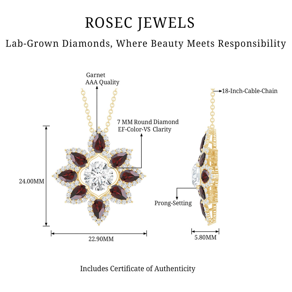 Lab Grown Diamond Pendant – Certified Flower Necklace With Red Garnet Petals