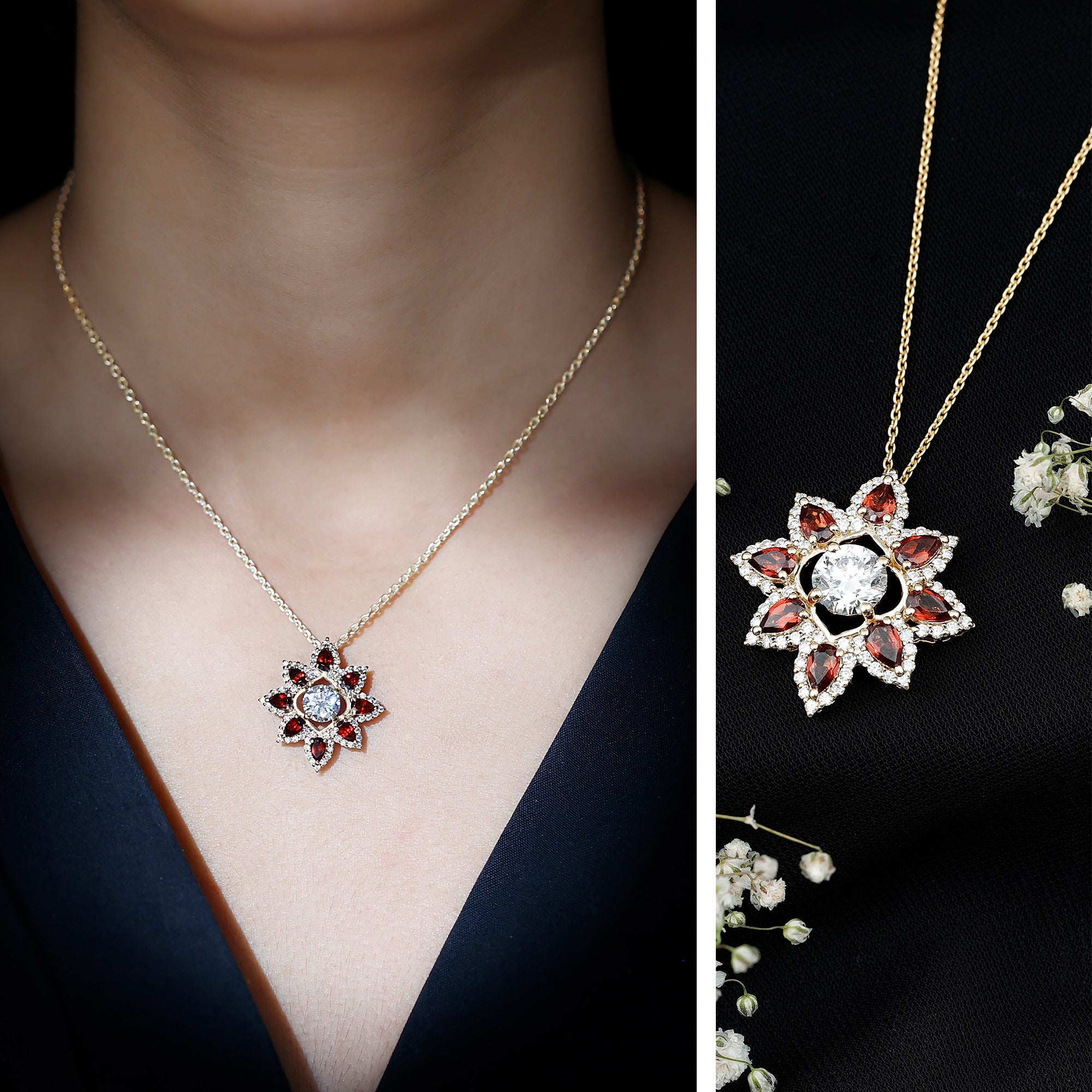 Lab Grown Diamond Pendant – Certified Flower Necklace With Red Garnet Petals