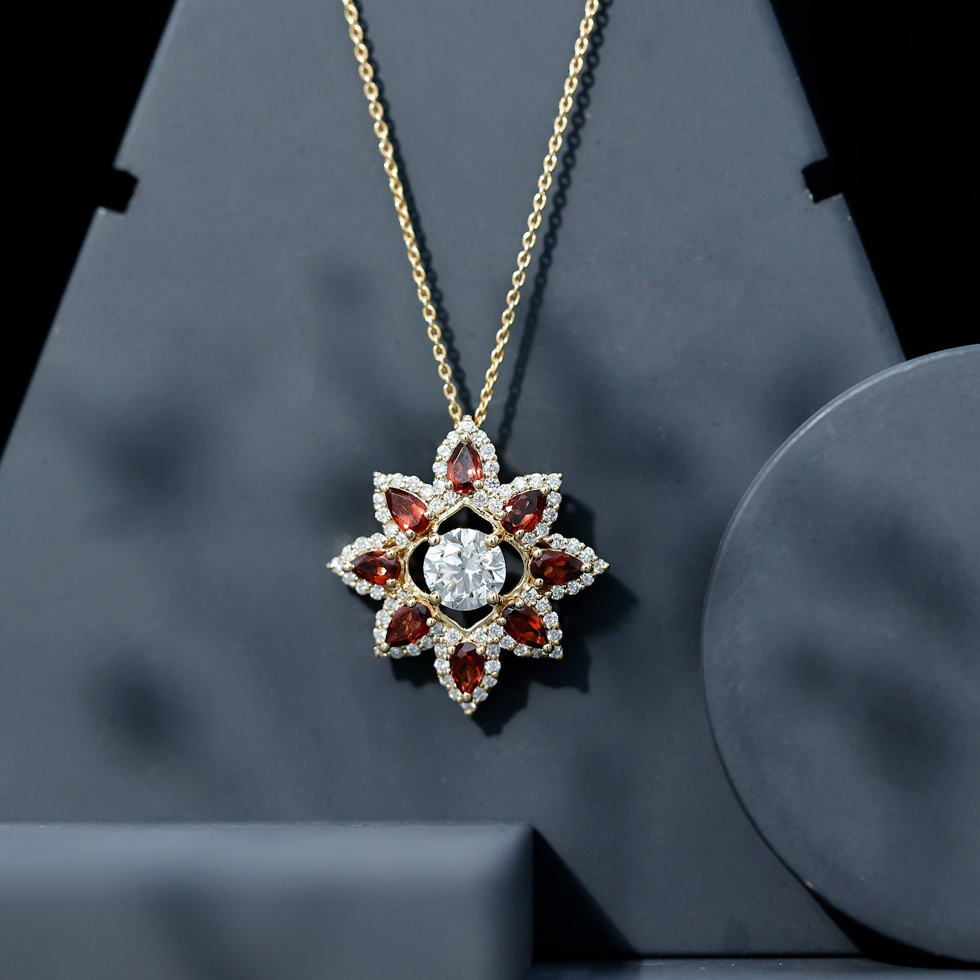 Lab Grown Diamond Pendant – Certified Flower Necklace With Red Garnet Petals