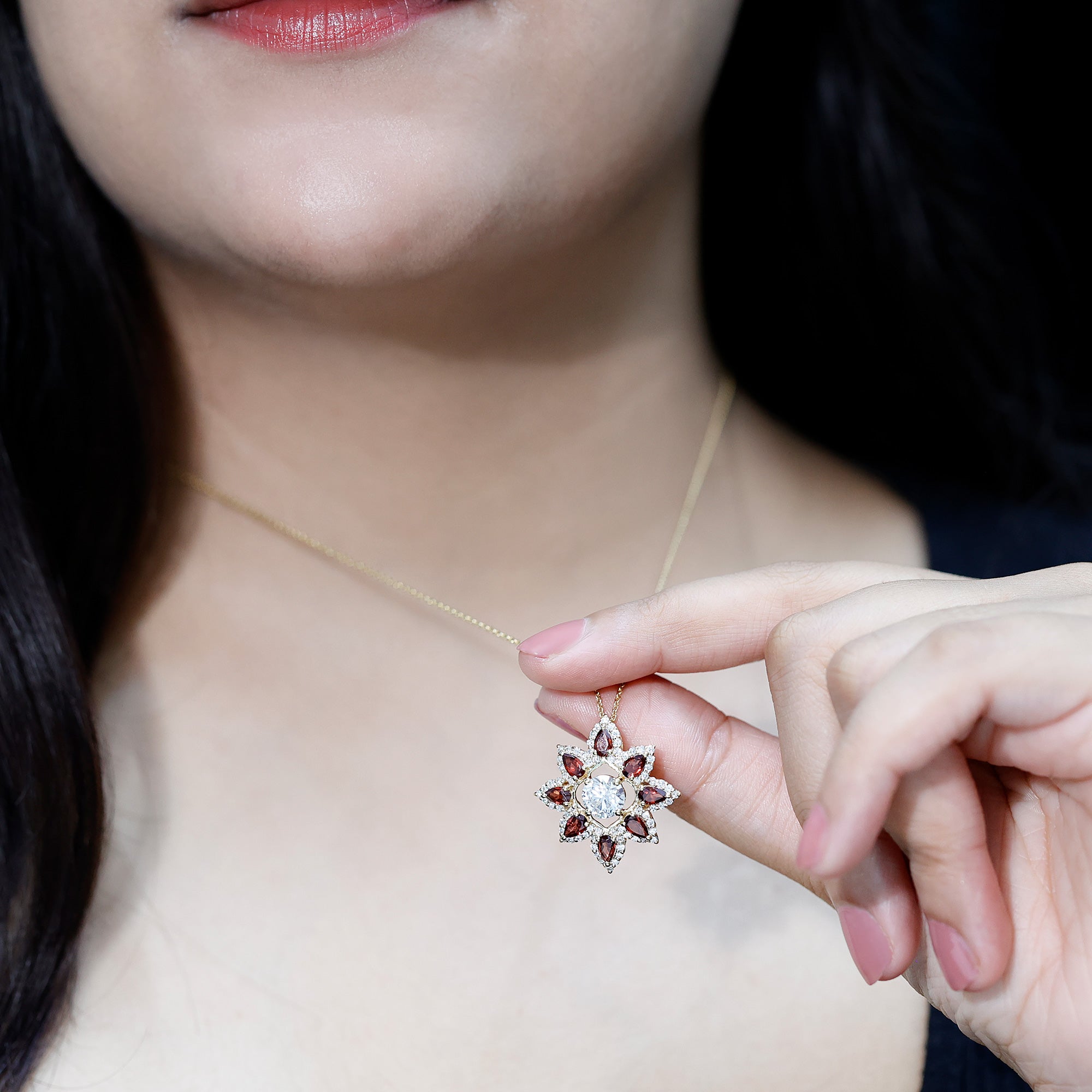 Lab Grown Diamond Pendant – Certified Flower Necklace With Red Garnet Petals