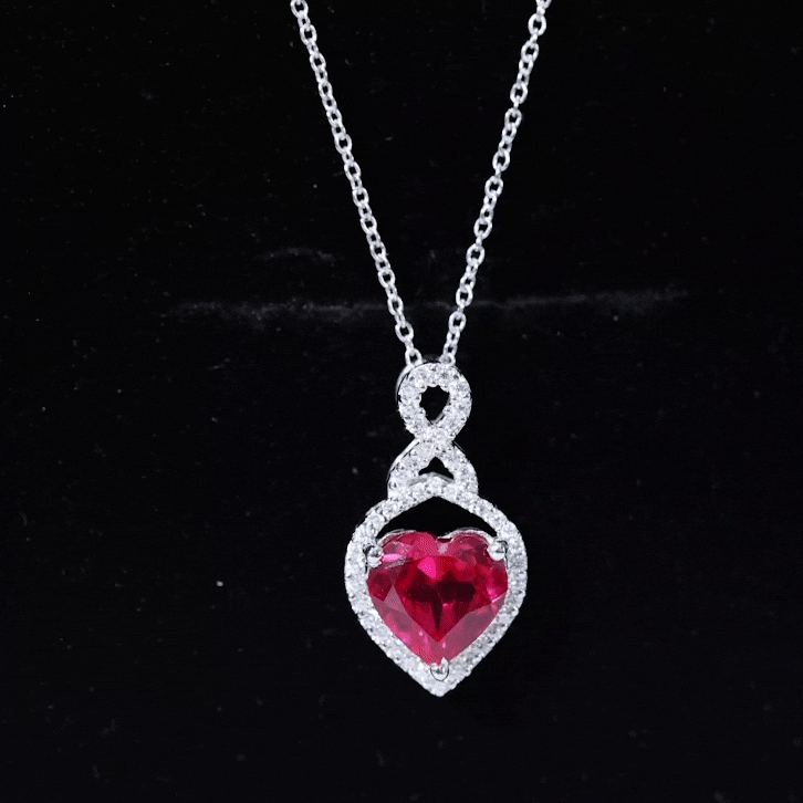 Lab Created Ruby Necklace – Heart Pendant Infinity Design With Moissanite Halo