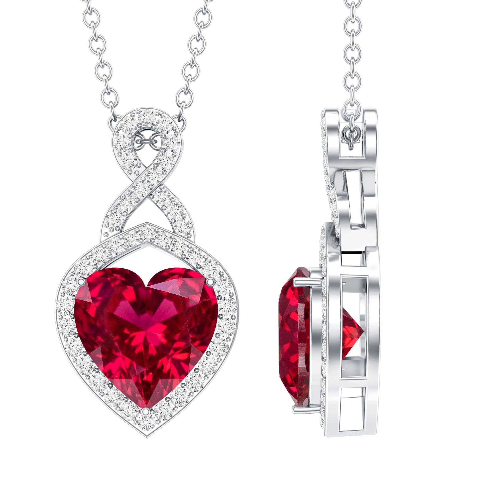 Lab Created Ruby Necklace – Heart Pendant Infinity Design With Moissanite Halo