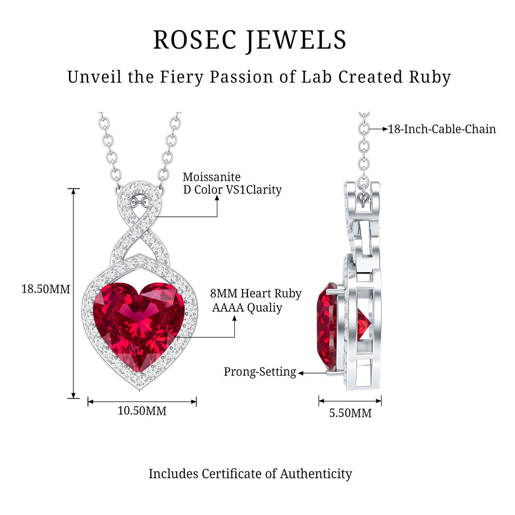 Lab Created Ruby Necklace – Heart Pendant Infinity Design With Moissanite Halo