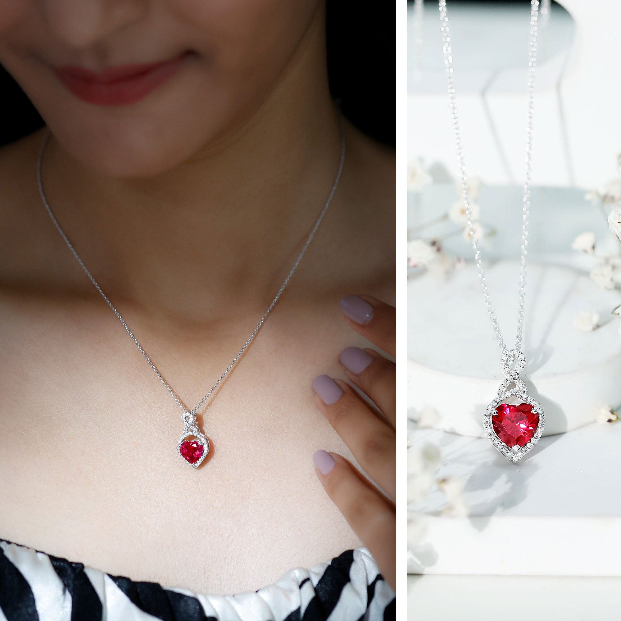 Lab Created Ruby Necklace – Heart Pendant Infinity Design With Moissanite Halo