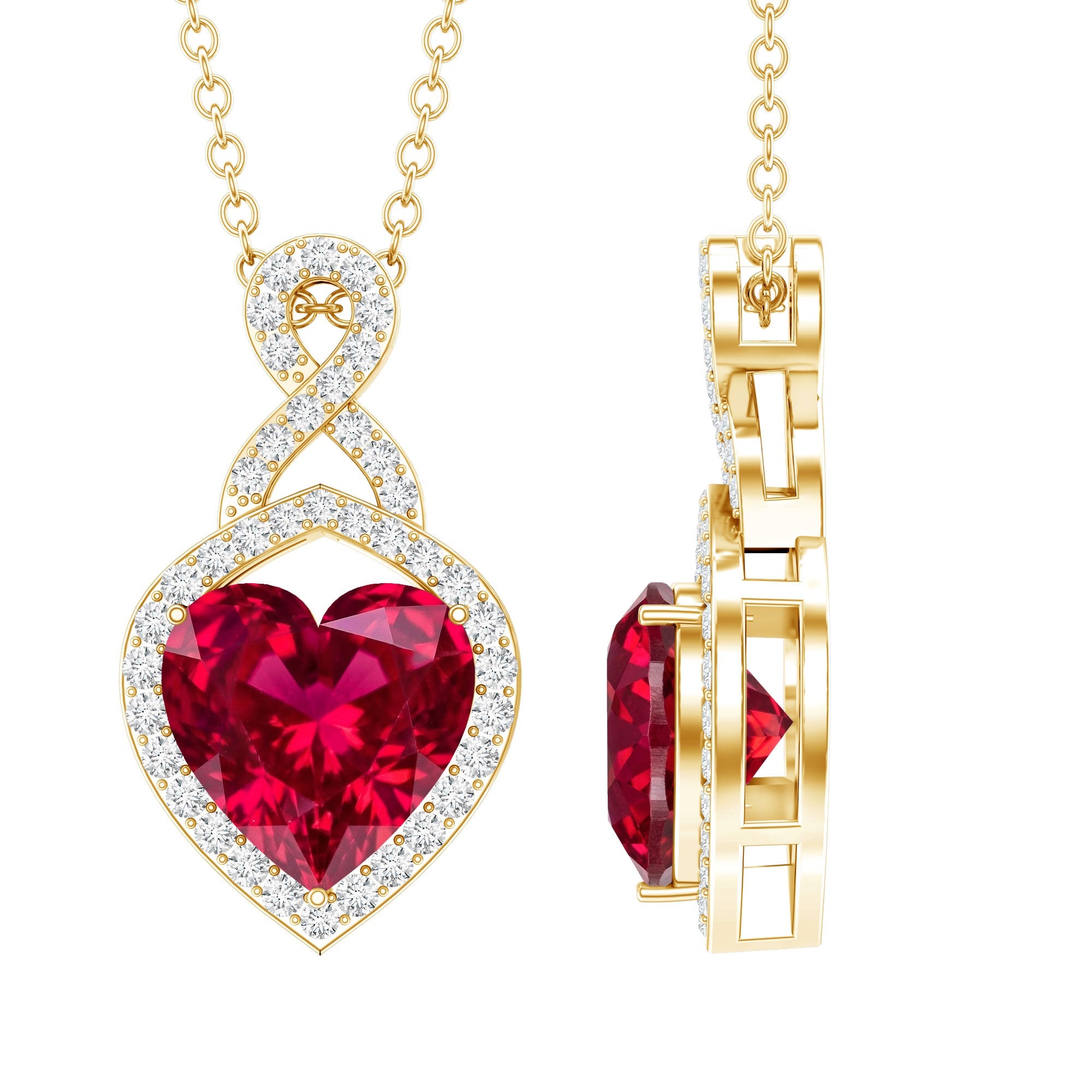 Lab Created Ruby Necklace – Heart Pendant Infinity Design With Moissanite Halo