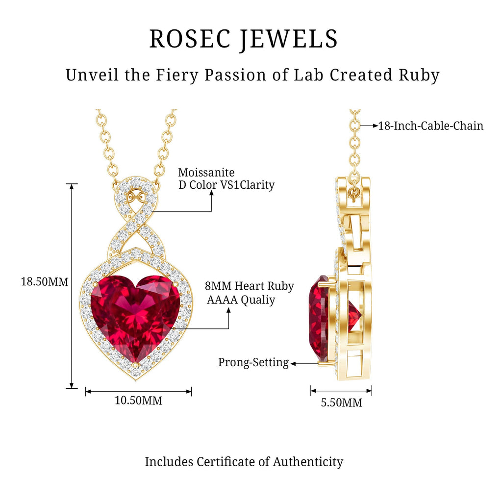 Lab Created Ruby Necklace – Heart Pendant Infinity Design With Moissanite Halo