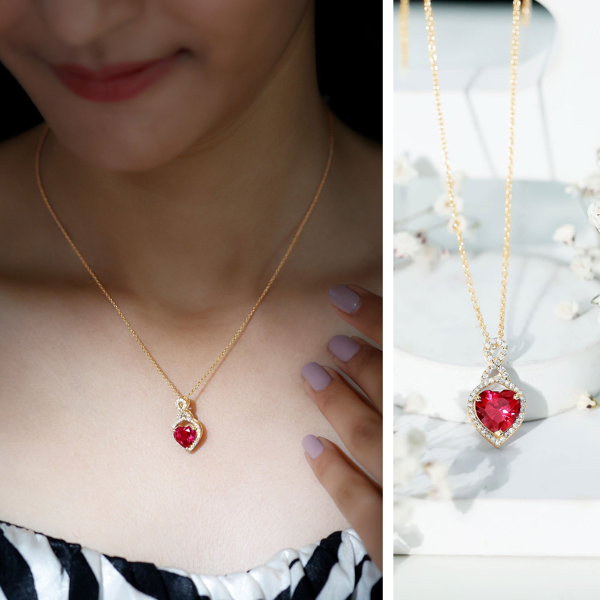 Lab Created Ruby Necklace – Heart Pendant Infinity Design With Moissanite Halo