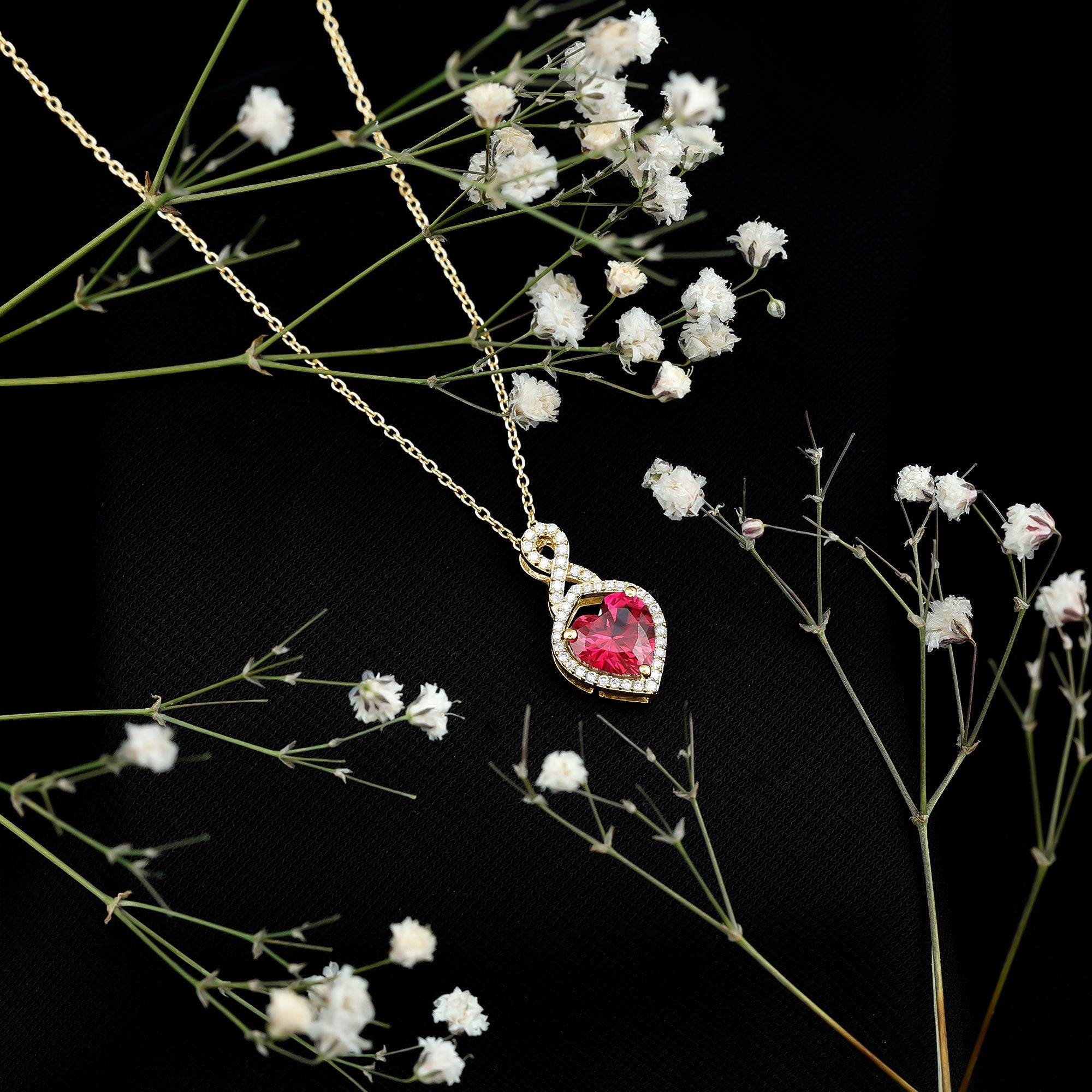 Lab Created Ruby Necklace – Heart Pendant Infinity Design With Moissanite Halo