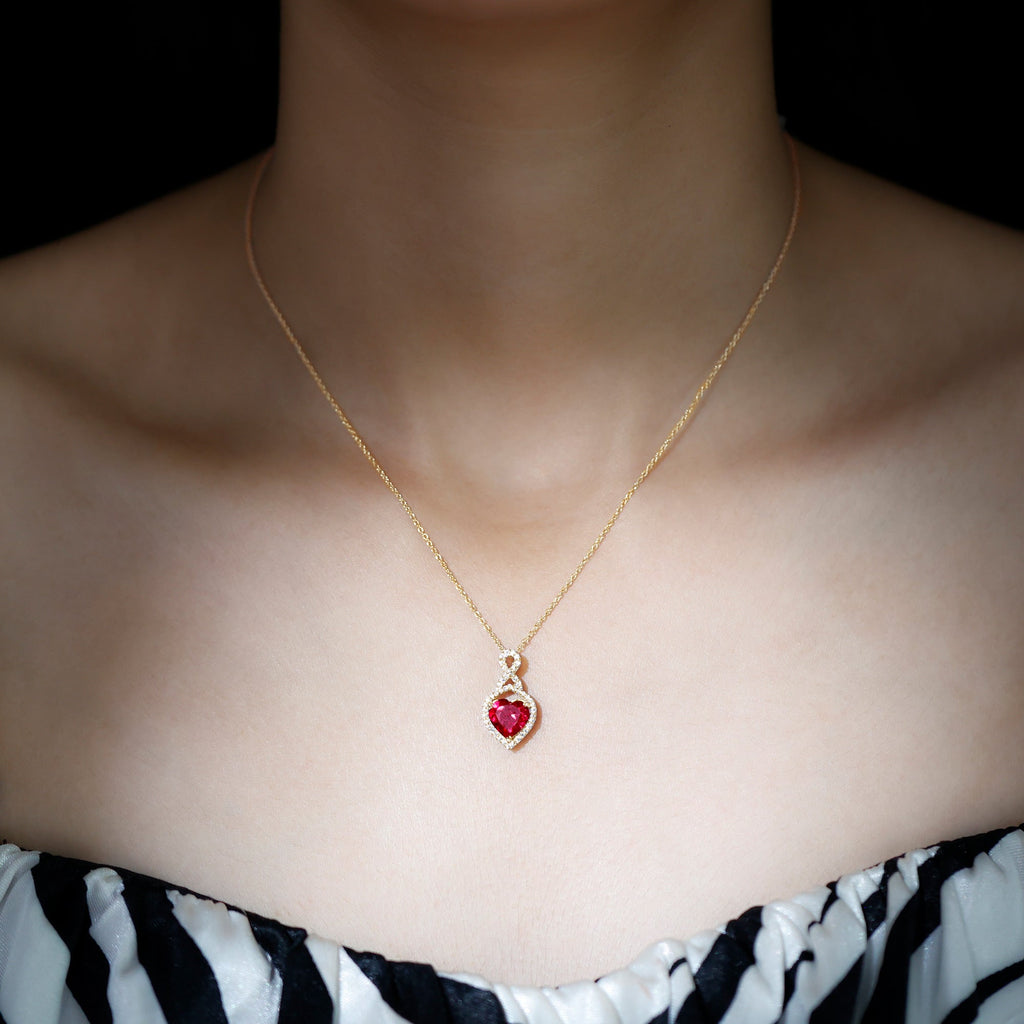 Lab Created Ruby Necklace – Heart Pendant Infinity Design With Moissanite Halo