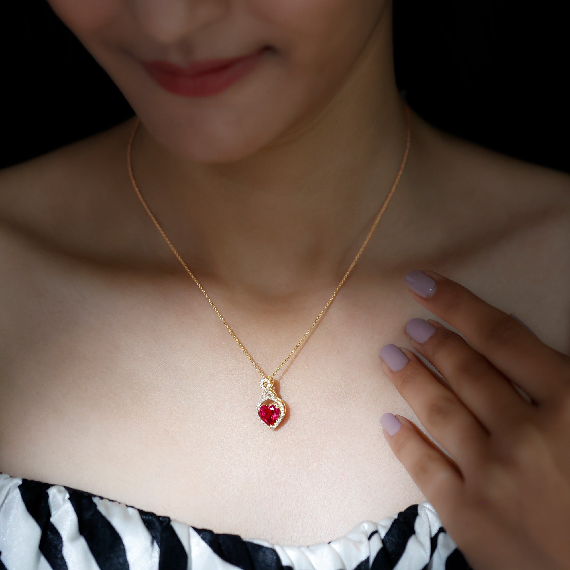 Lab Created Ruby Necklace – Heart Pendant Infinity Design With Moissanite Halo