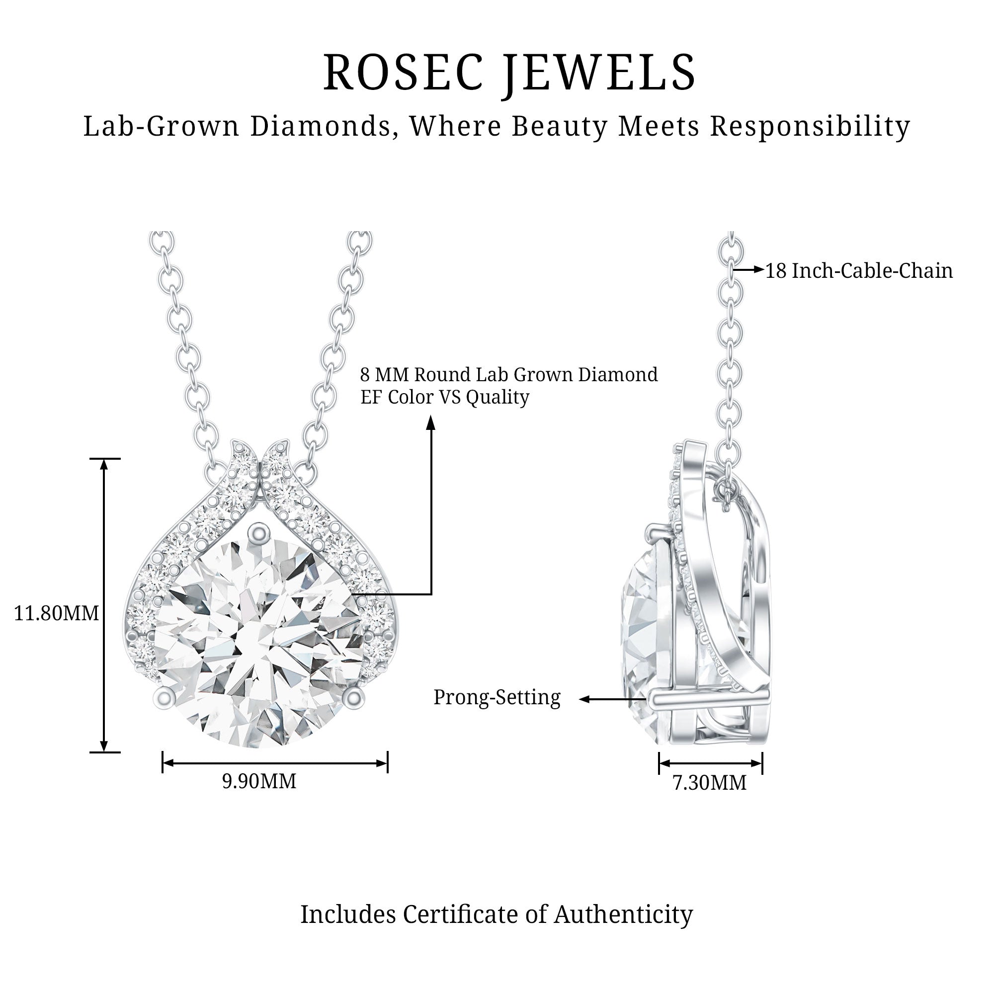 Certified 2 Carat Round Lab Grown Diamond Bridal Necklace