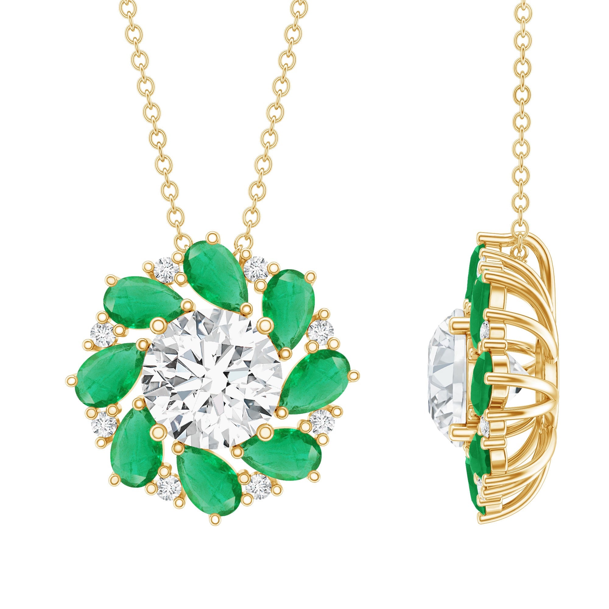Lab Grown Diamond Necklace – Emerald Bridal Statement Jewelry with Floral Pendant