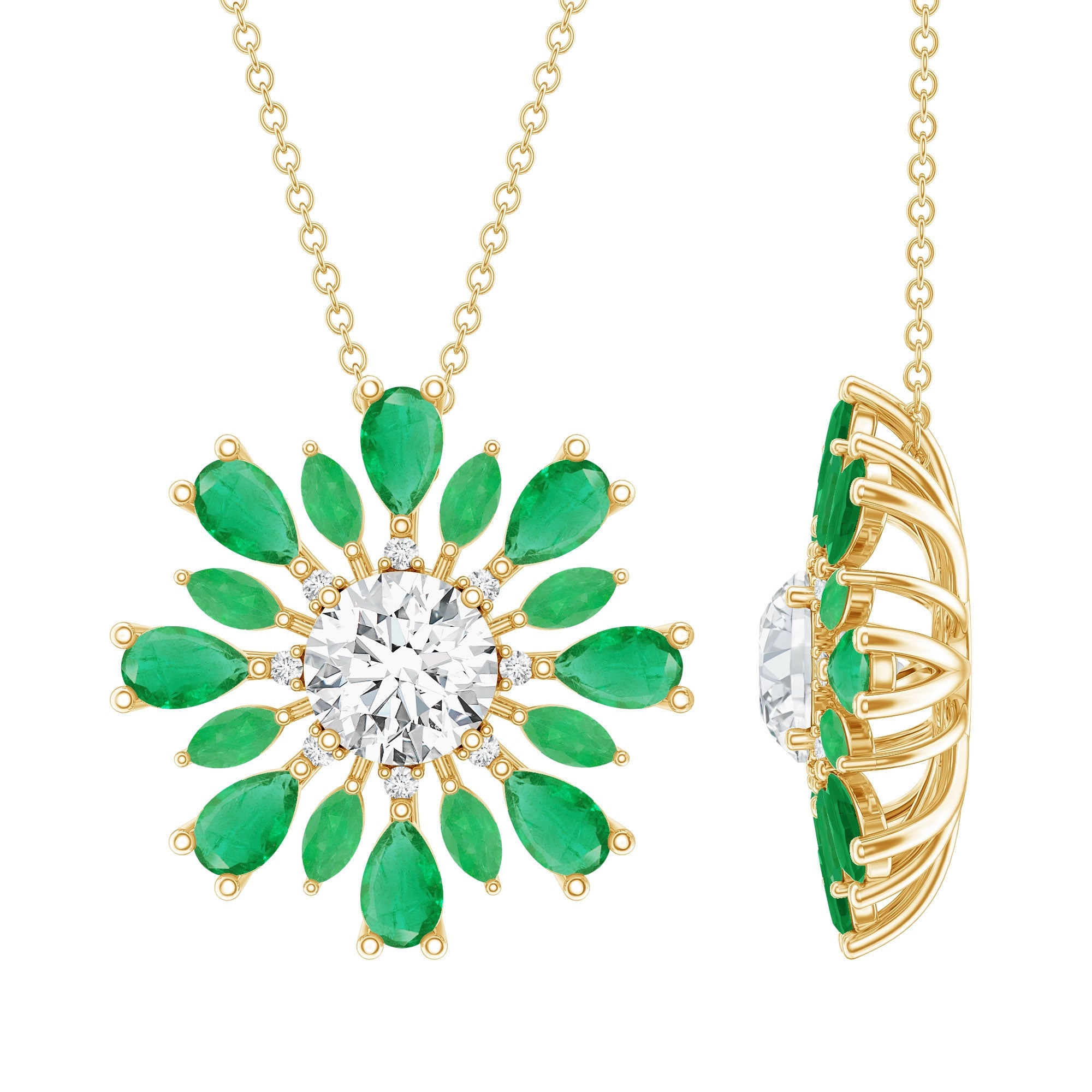 Lab Grown Diamond Necklace – 1.2 Carat Emerald Statement Pendant With Pear Marquise Emeralds