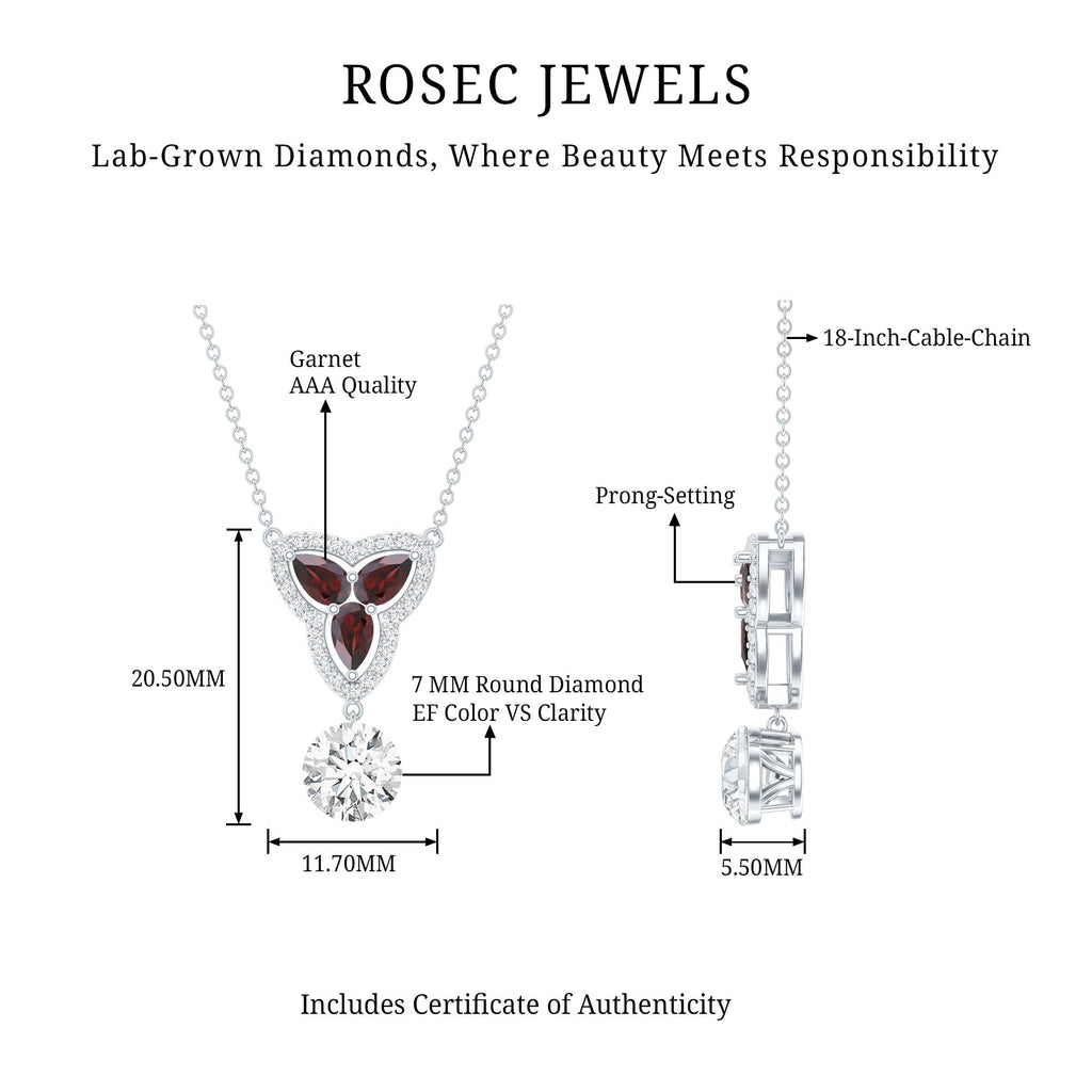 Lab Grown Diamond Necklace – Garnet Pendant With Round Cut Diamond Halo