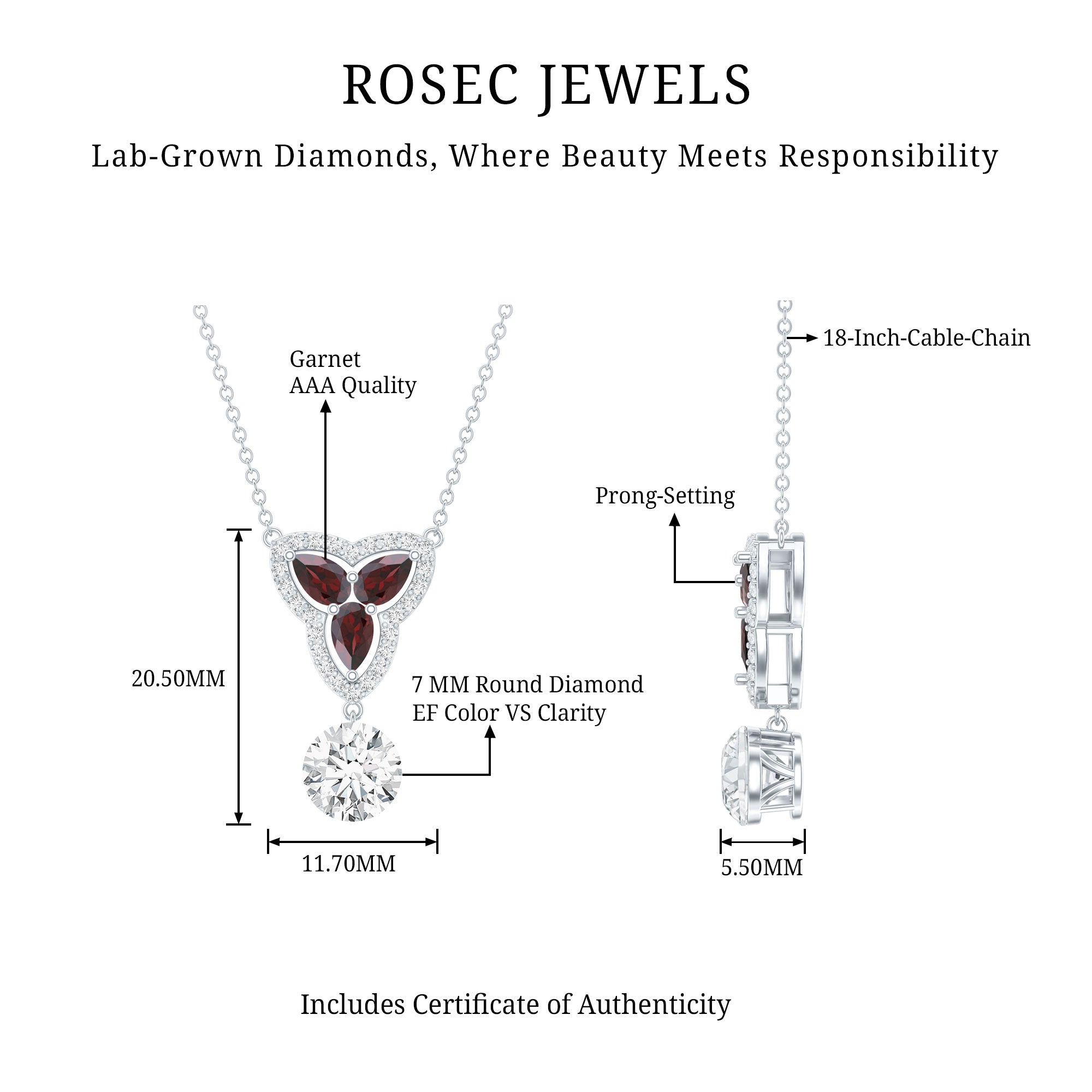 Lab Grown Diamond Necklace – Garnet Pendant With Round Cut Diamond Halo