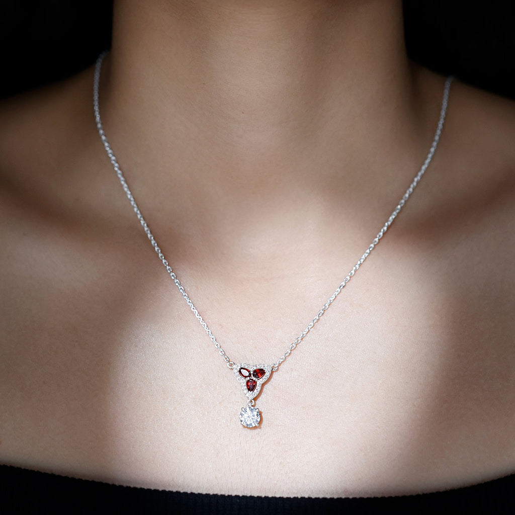 Lab Grown Diamond Necklace – Garnet Pendant With Round Cut Diamond Halo