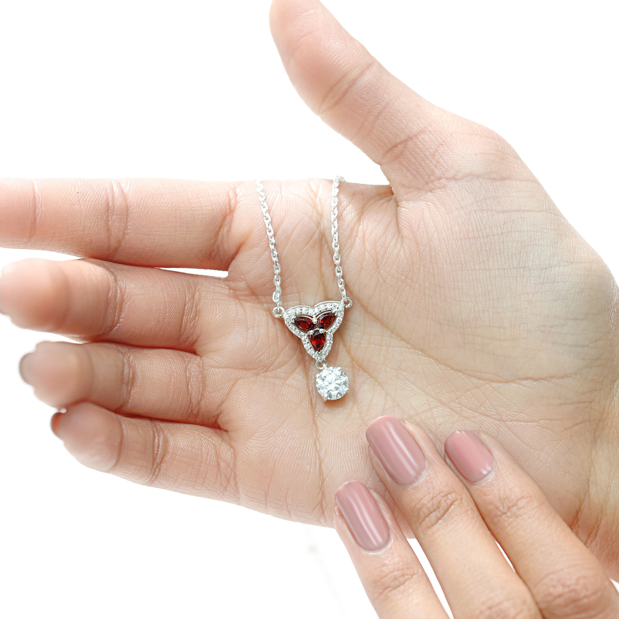 Lab Grown Diamond Necklace – Garnet Pendant With Round Cut Diamond Halo