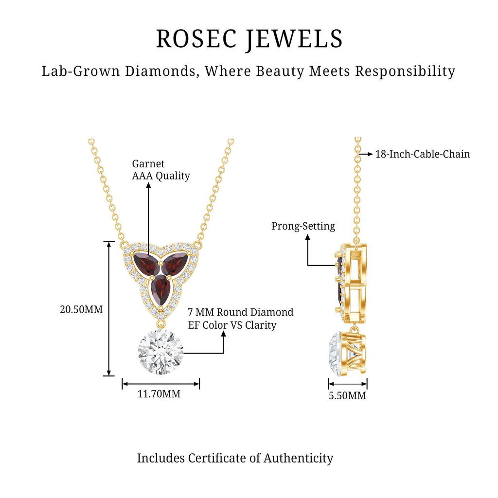 Lab Grown Diamond Necklace – Garnet Pendant With Round Cut Diamond Halo