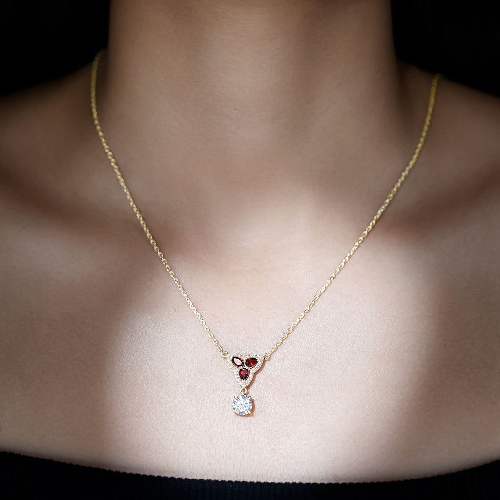 Lab Grown Diamond Necklace – Garnet Pendant With Round Cut Diamond Halo
