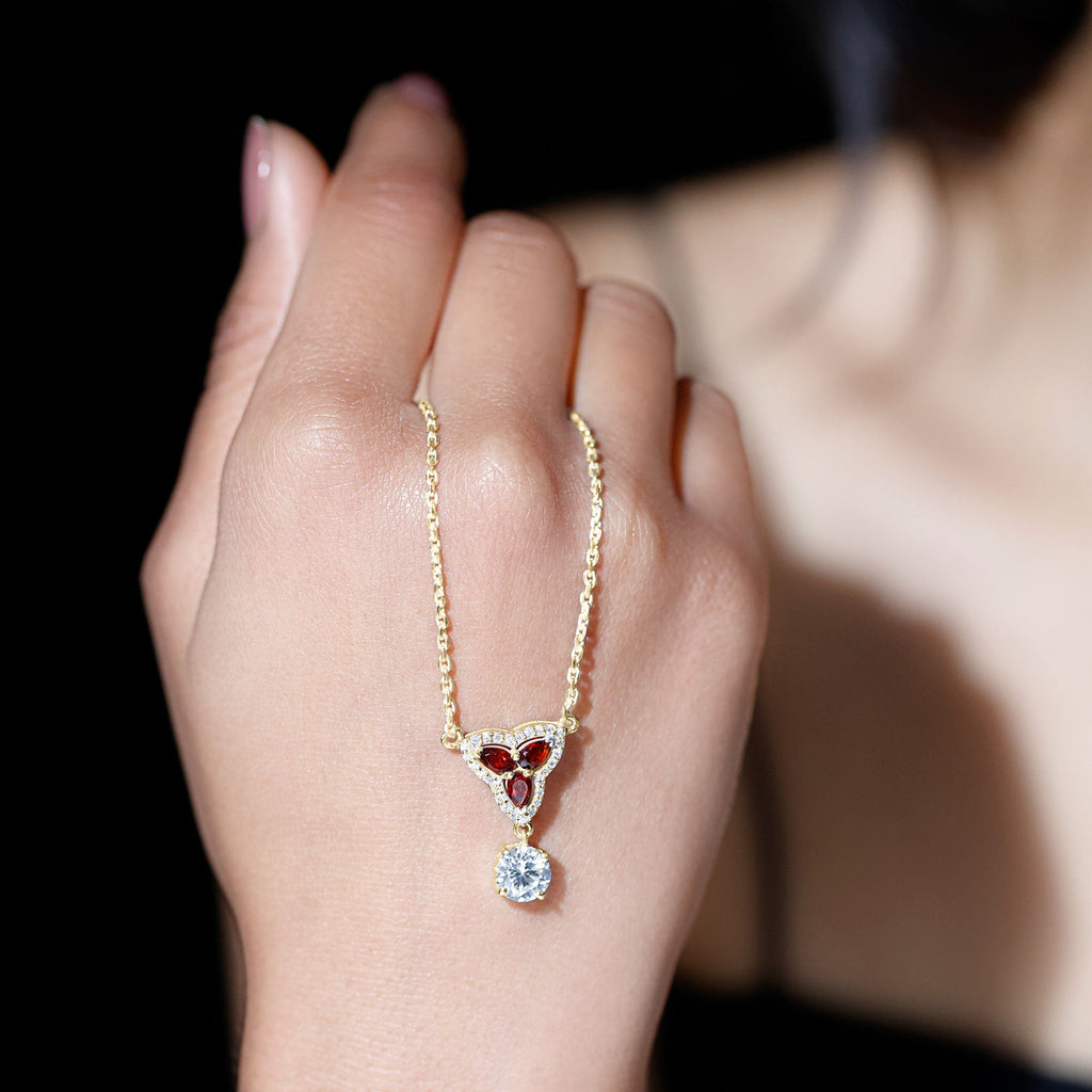 Lab Grown Diamond Necklace – Garnet Pendant With Round Cut Diamond Halo