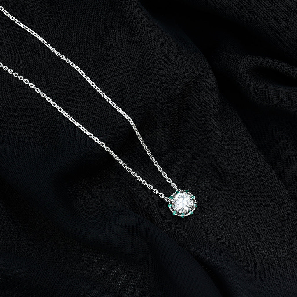 Certified Lab 2 Carat Round Diamond Halo Necklace With Emerald