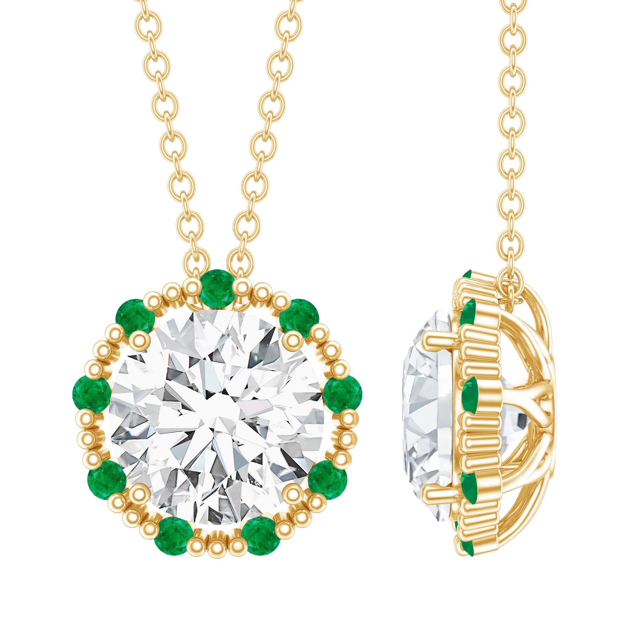 Lab Grown Diamond Necklace - 2 Carat Round Diamond Halo Pendant With Emerald