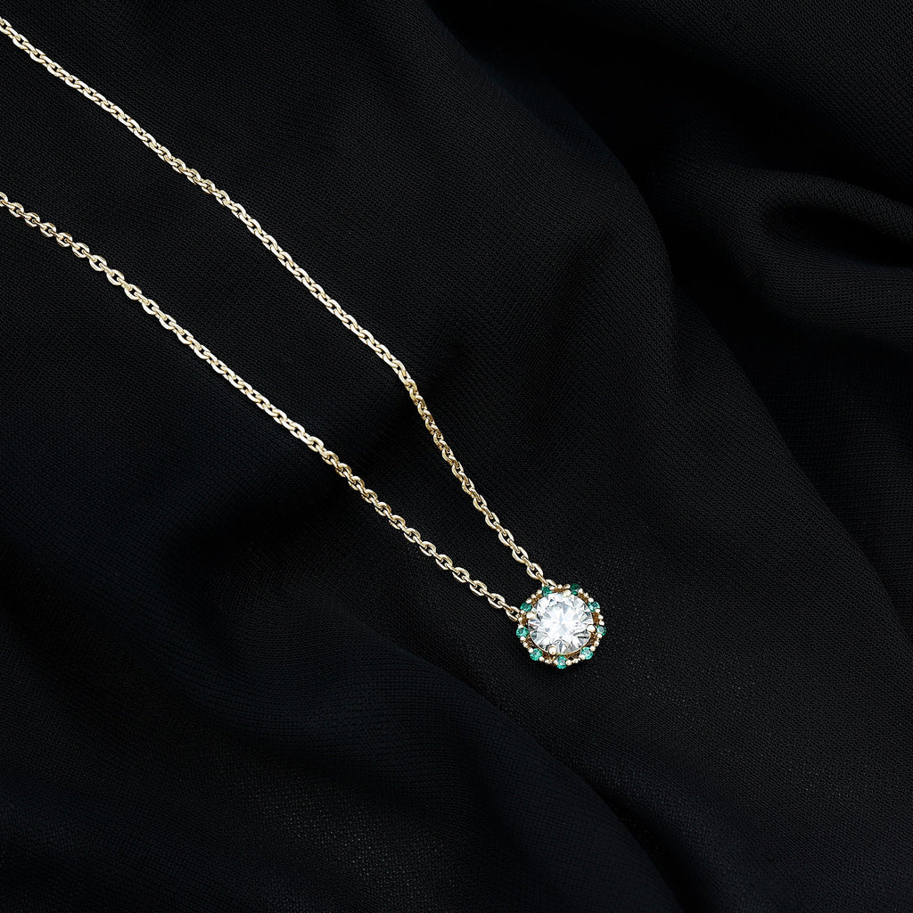 Certified Lab 2 Carat Round Diamond Halo Necklace With Emerald