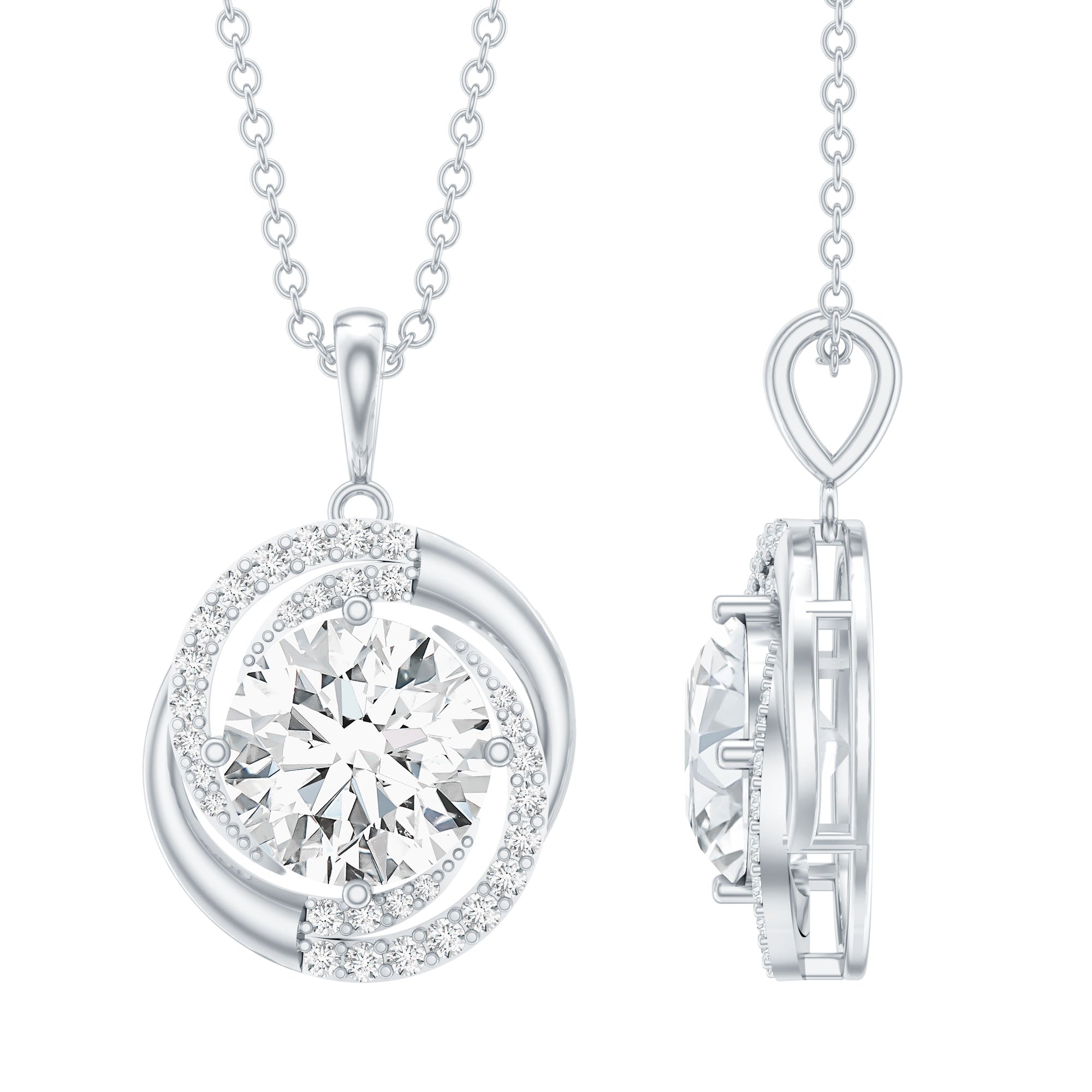 Prong Set 2 Carat Round Lab Grown Diamond Swirl Pendant Necklace