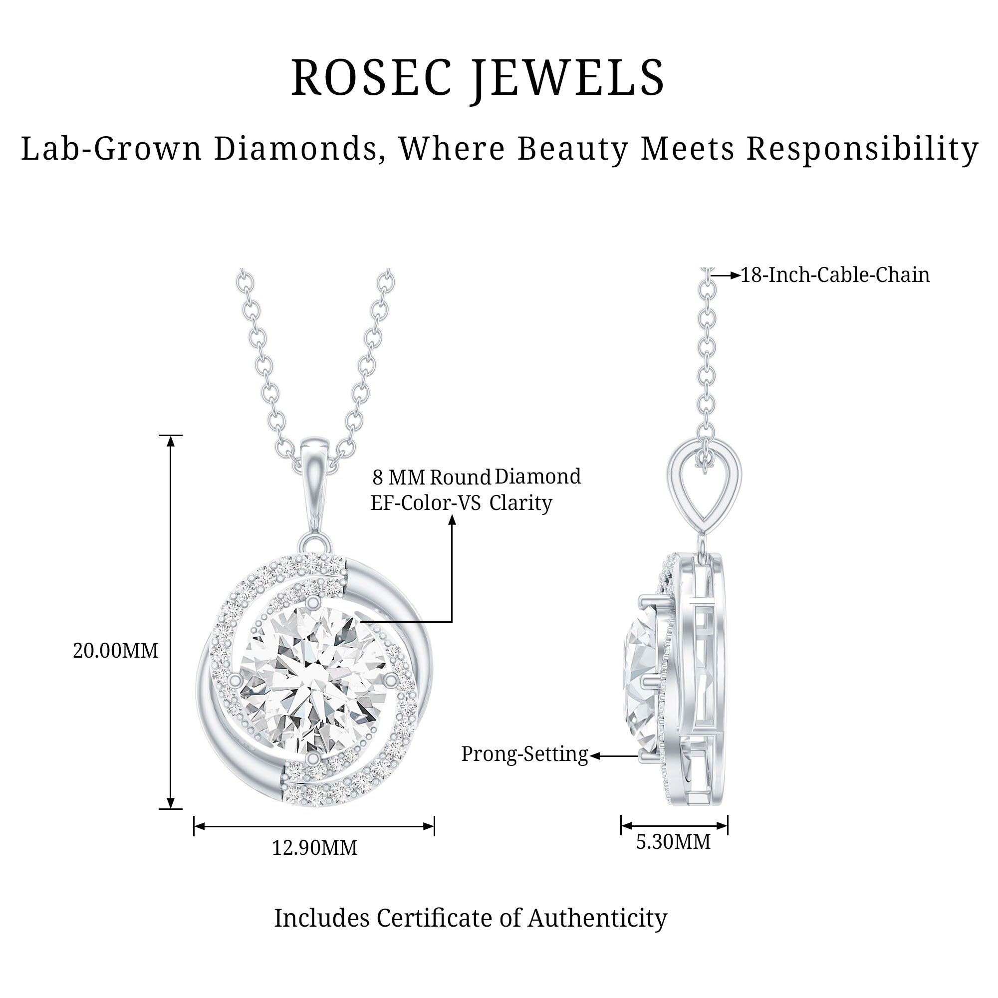 Prong Set 2 Carat Round Lab Grown Diamond Swirl Pendant Necklace