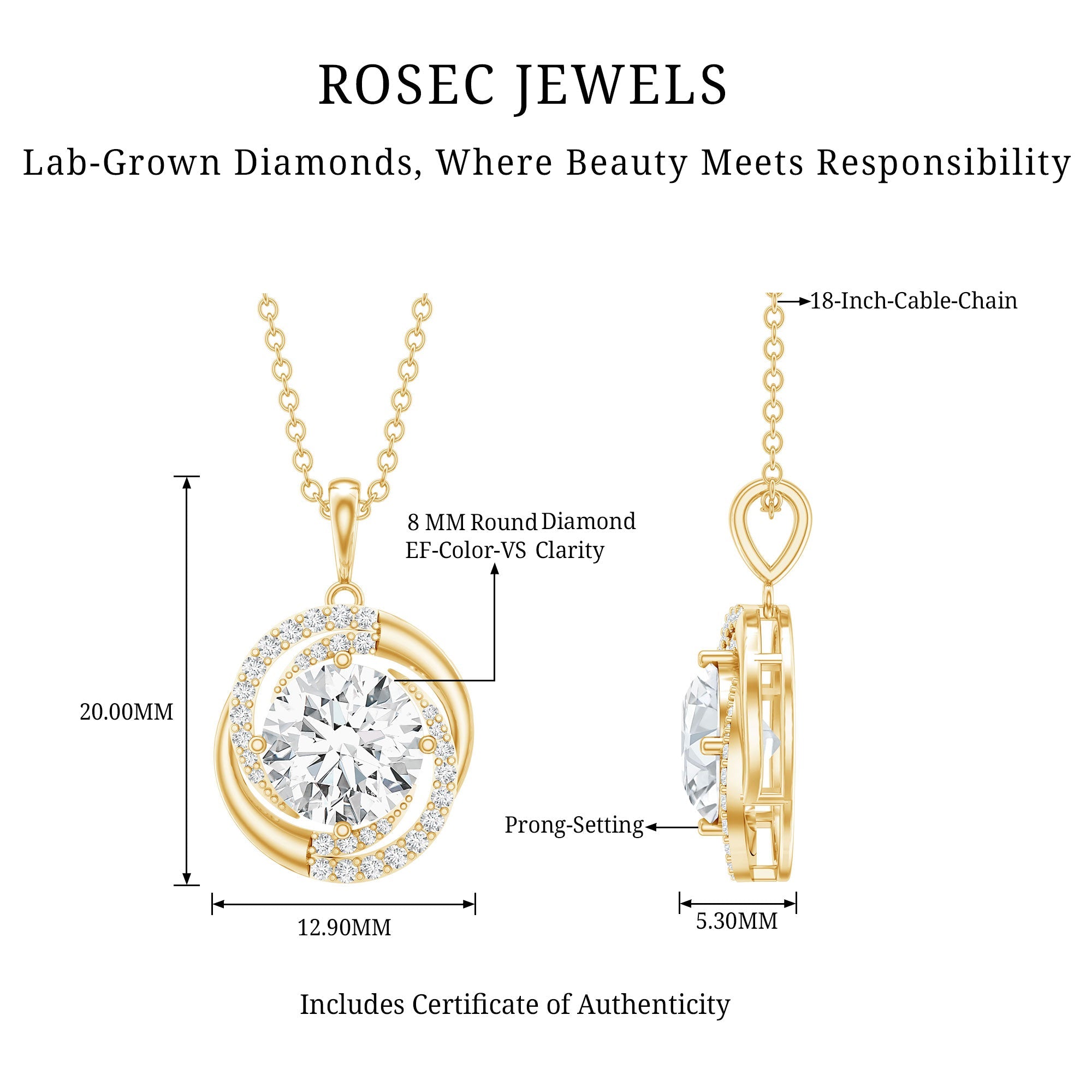 Prong Set 2 Carat Round Lab Grown Diamond Swirl Pendant Necklace