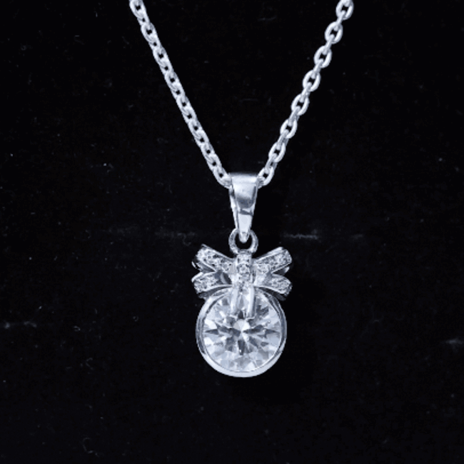 Bezel Set Lab Grown Diamond Solitaire Necklace With Cute Bow