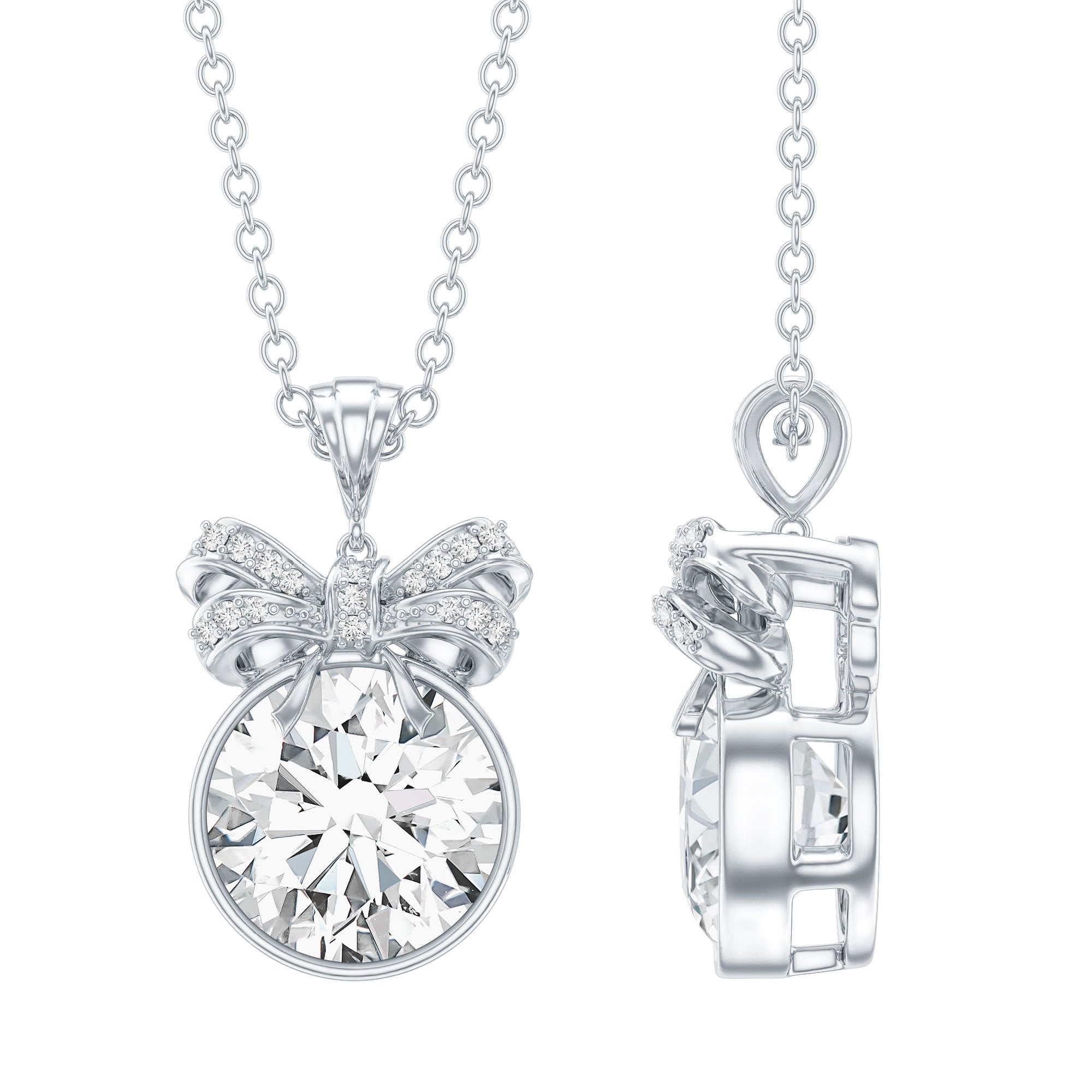 Bezel Set Lab Grown Diamond Solitaire Necklace With Cute Bow