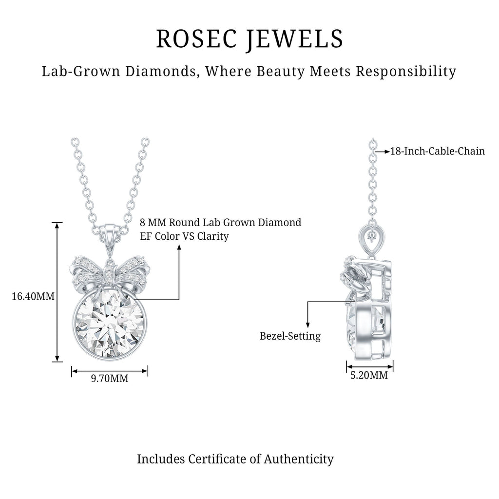 Bezel Set Lab Grown Diamond Solitaire Necklace With Cute Bow