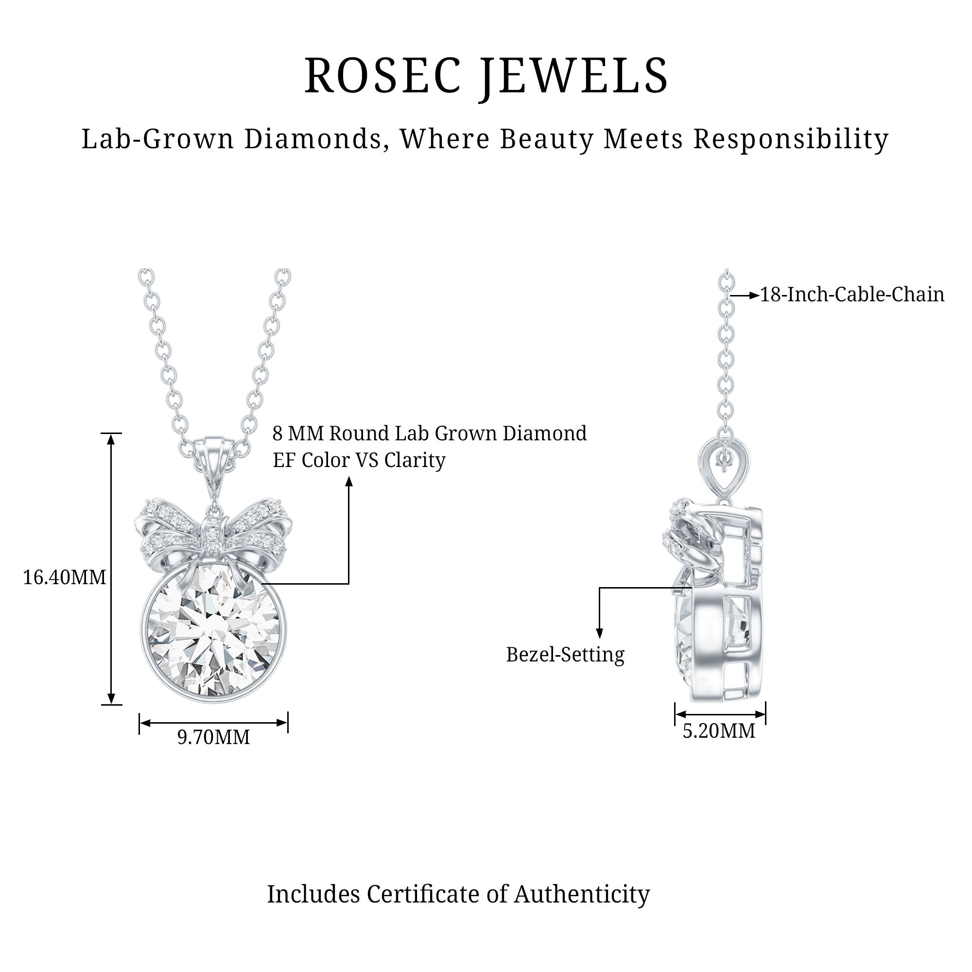 Bezel Set Lab Grown Diamond Solitaire Necklace With Cute Bow