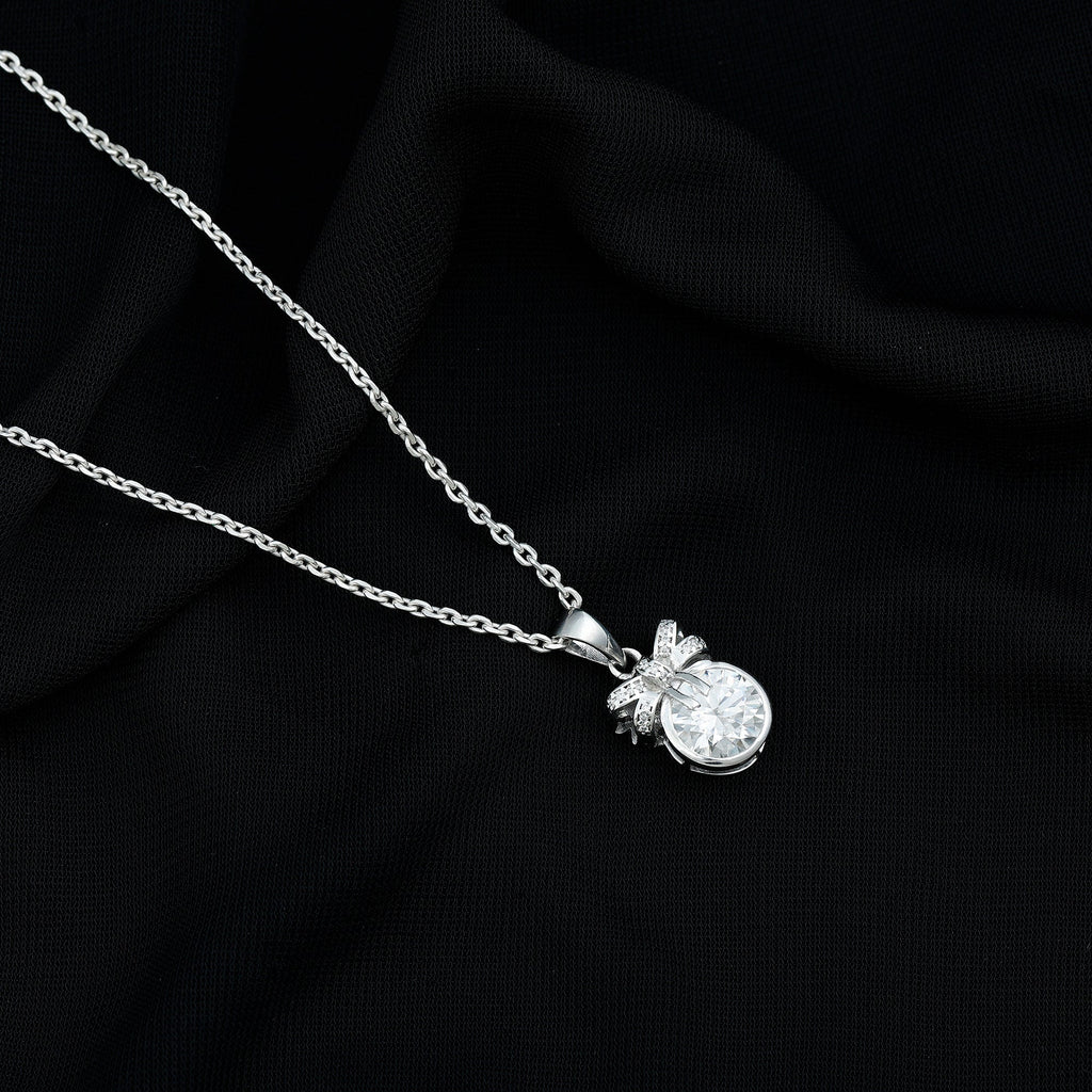 Bezel Set Lab Grown Diamond Solitaire Necklace With Cute Bow