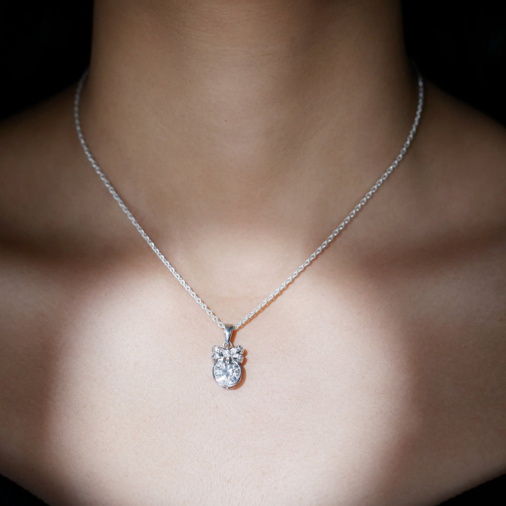 Bezel Set Lab Grown Diamond Solitaire Necklace With Cute Bow