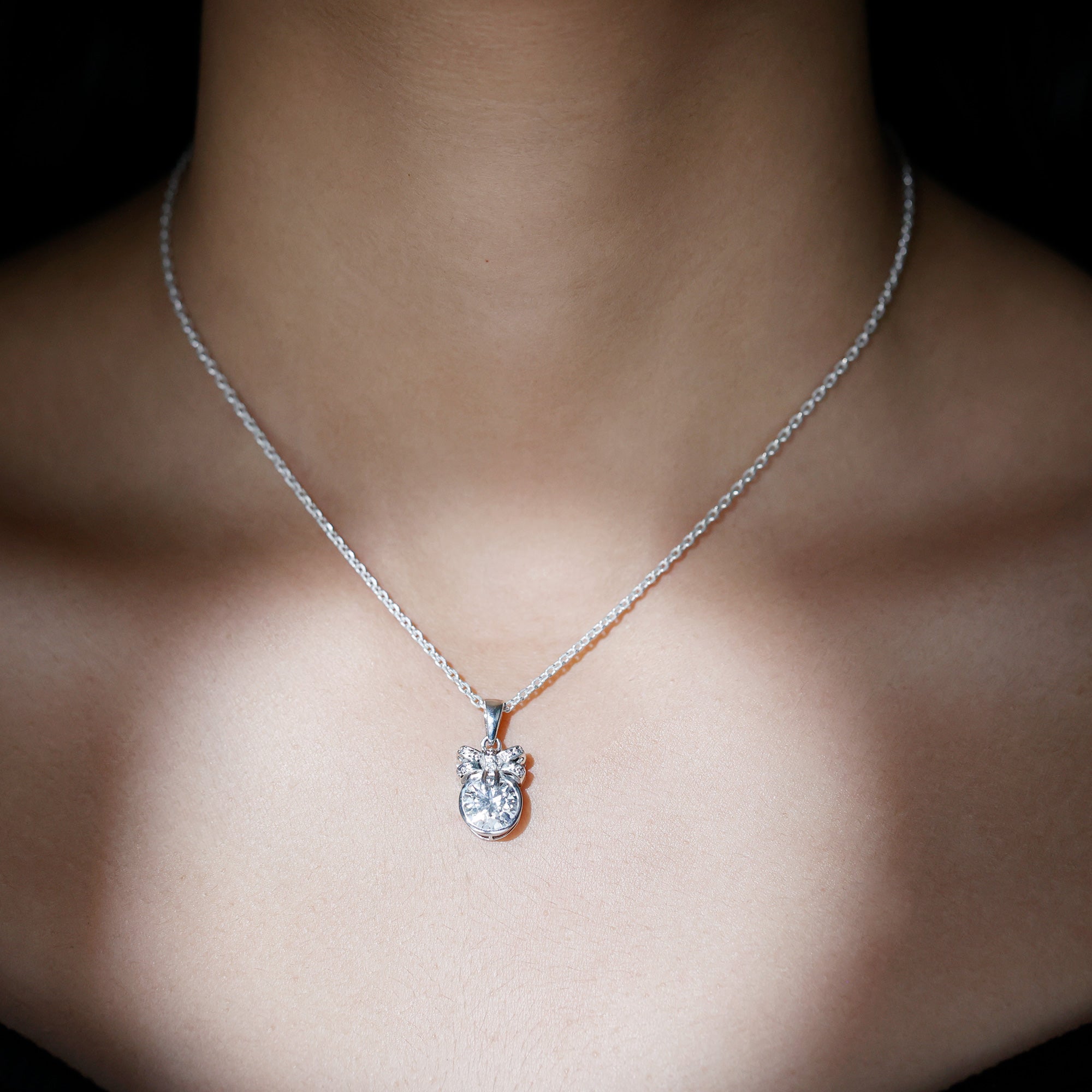 Bezel Set Lab Grown Diamond Solitaire Necklace With Cute Bow